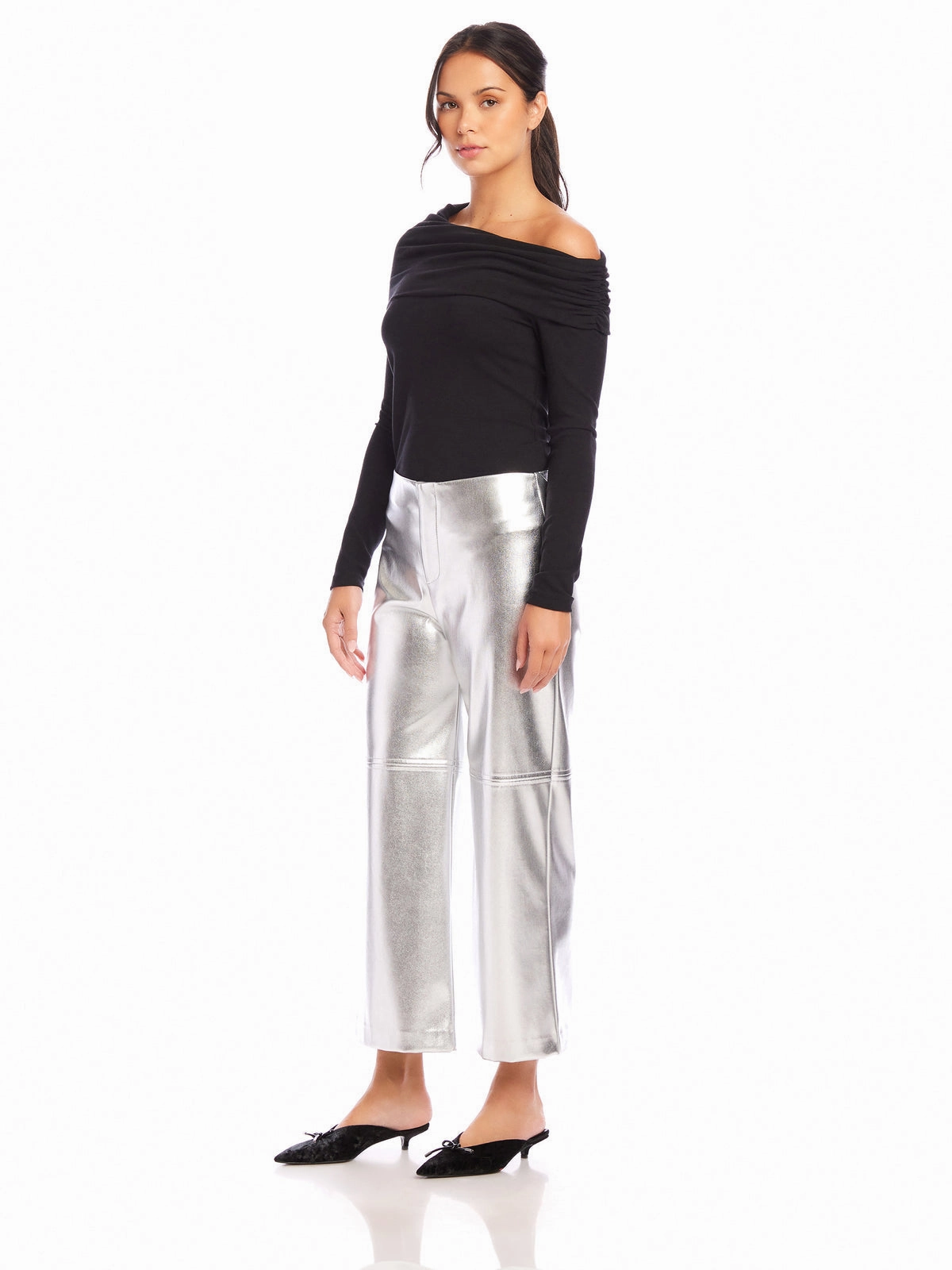 Durable Stitching Anti Snag Fabric Faux Leather Cropped Pants in Silver