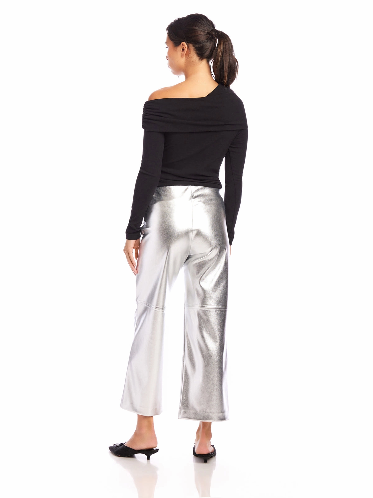 Faux Leather Cropped Pants in Silver Flexible Leg Water Resistant Finish