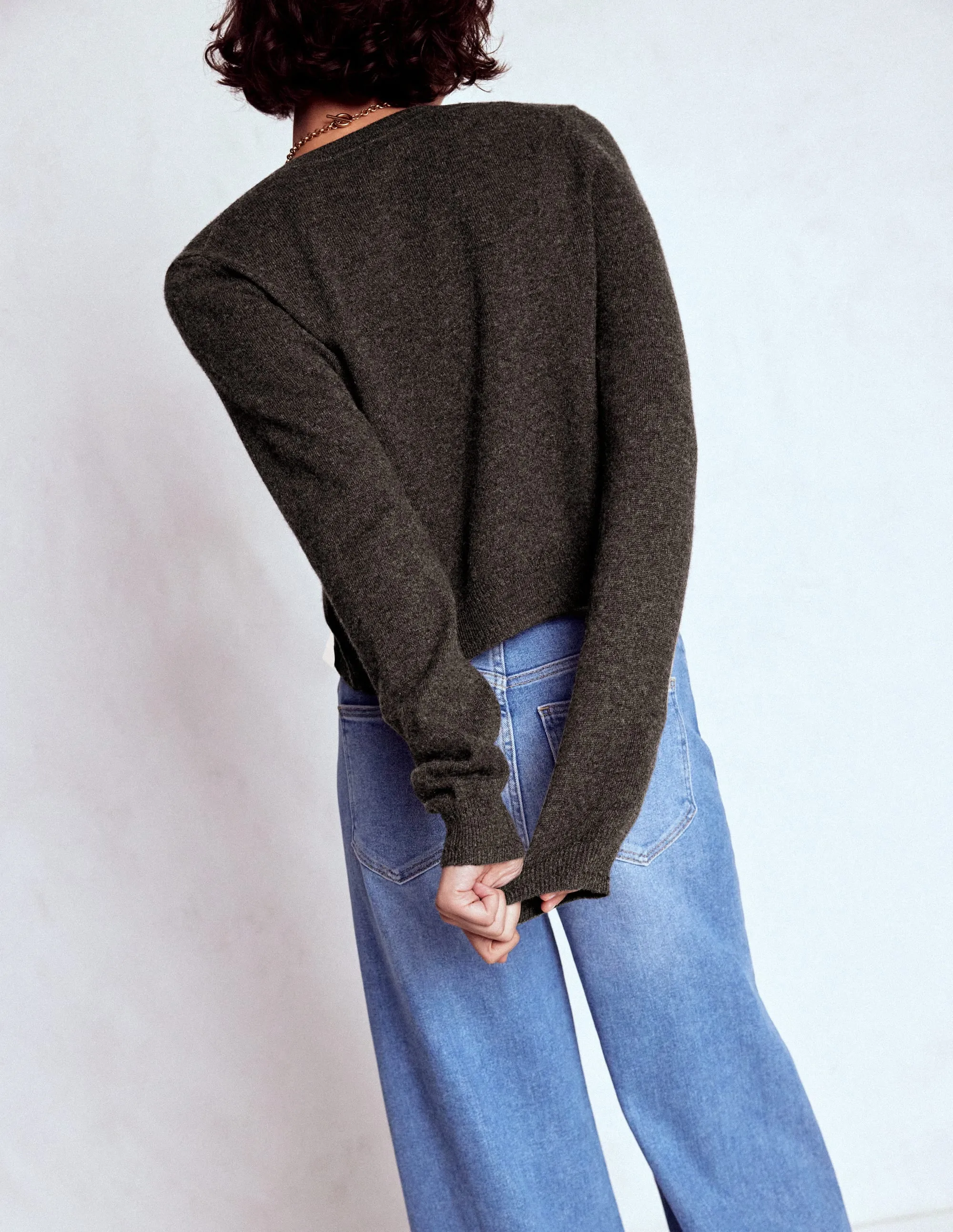 Eva Cashmere Cropped Cardigan-Charcoal Melange Chill Proof