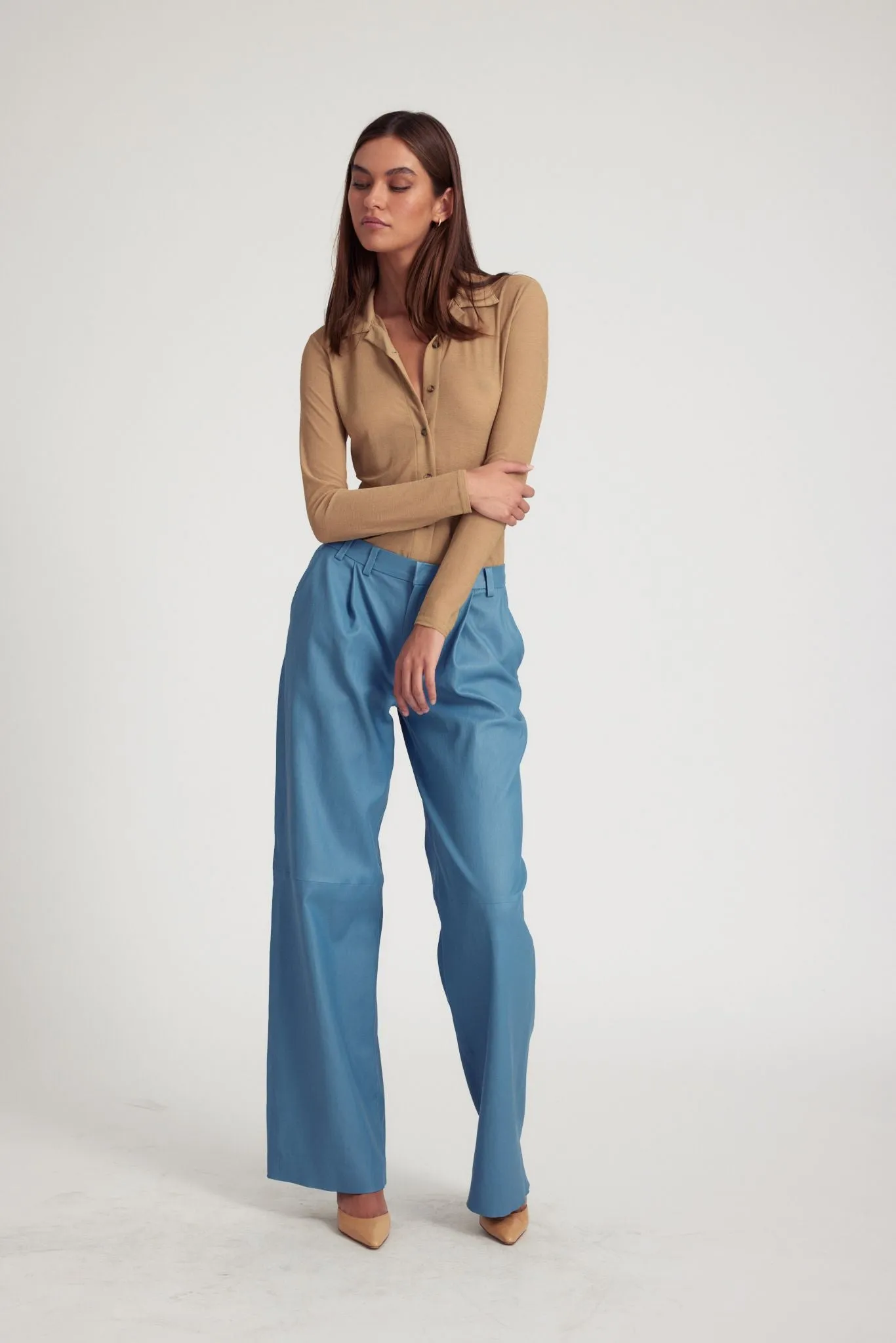 Chambray Blue Leather Pleated Trousers SeamlessPockets