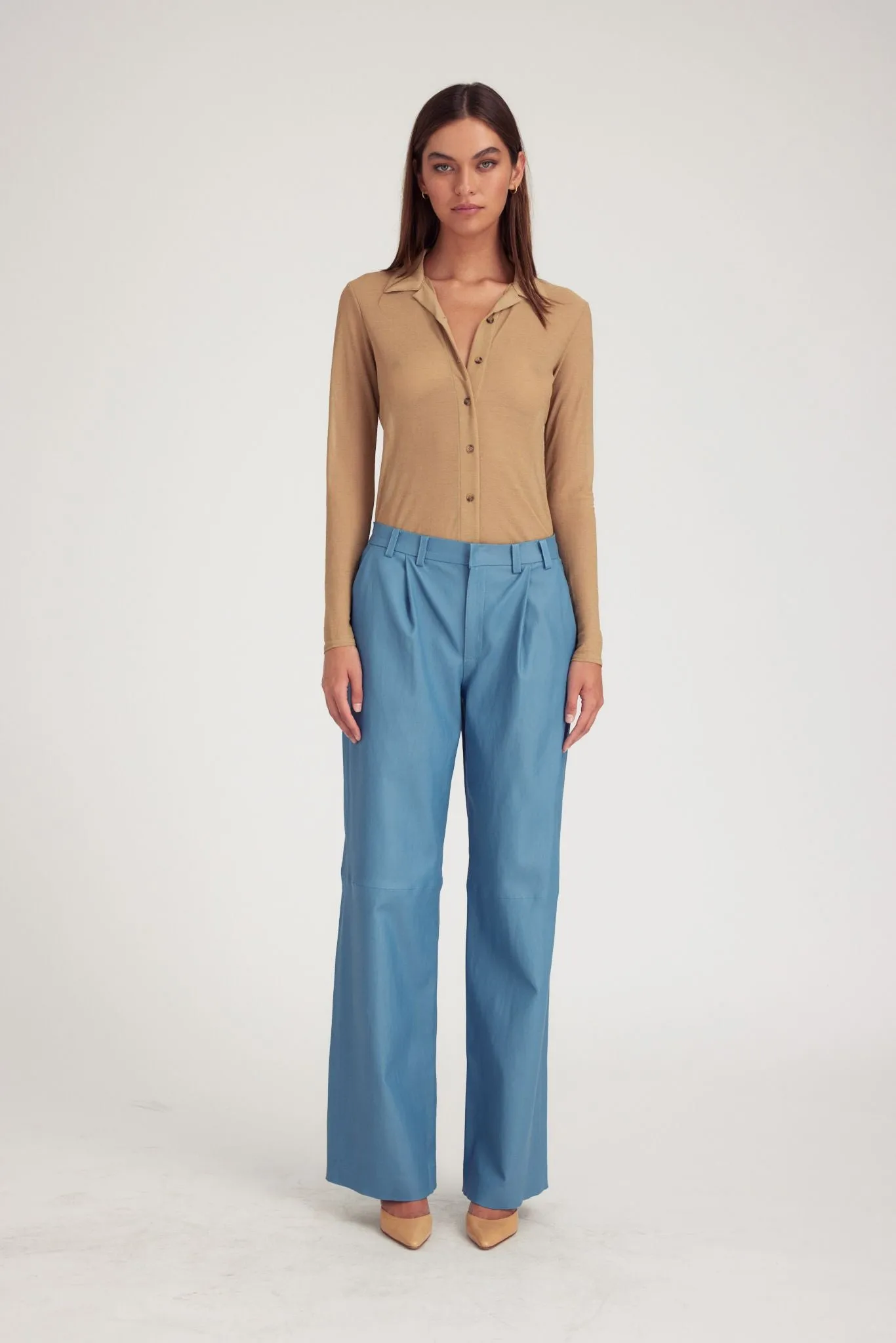 Chambray Blue Leather Pleated Trousers Lightweight Flex