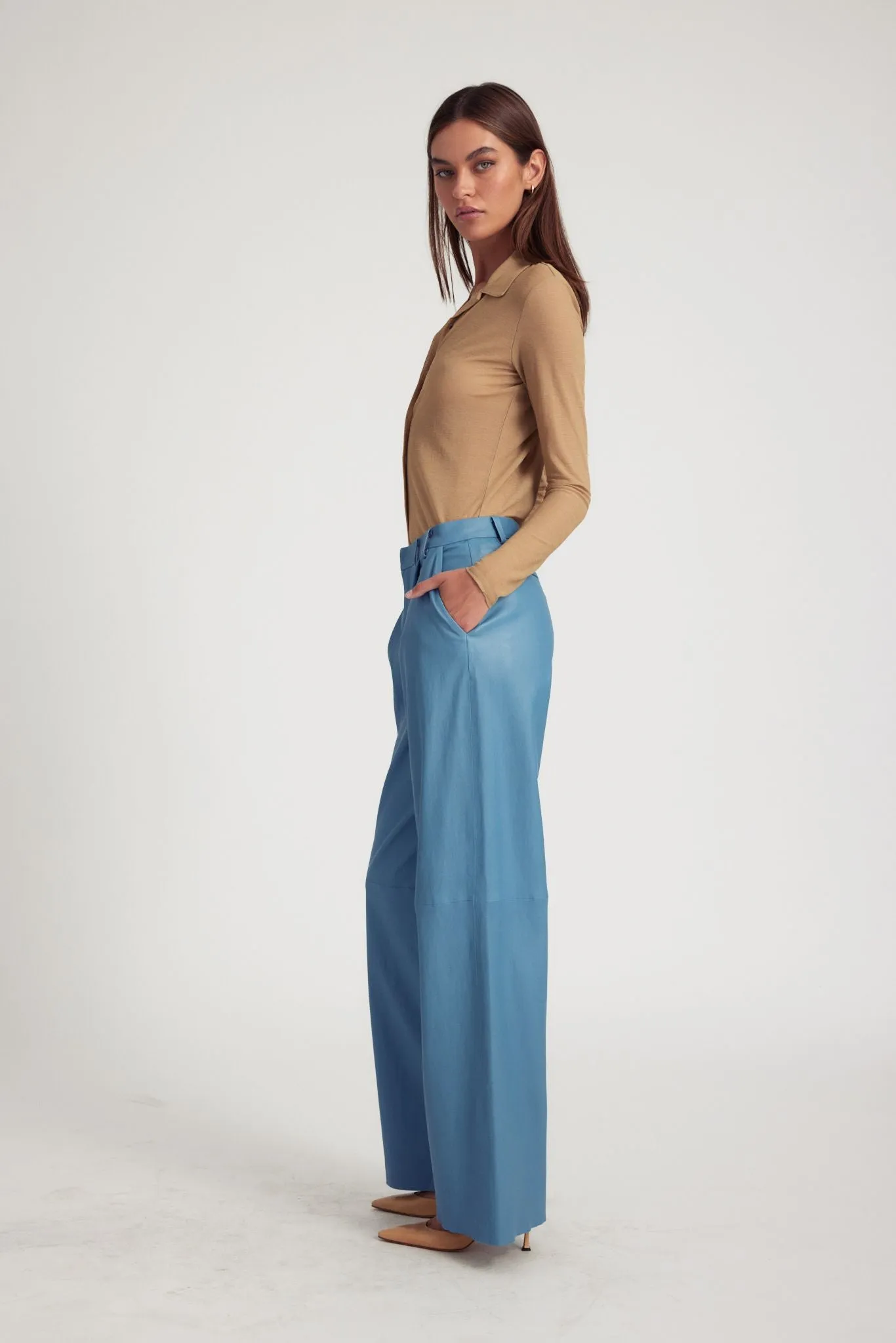 Chambray Blue Leather Pleated Trousers Move Comfort