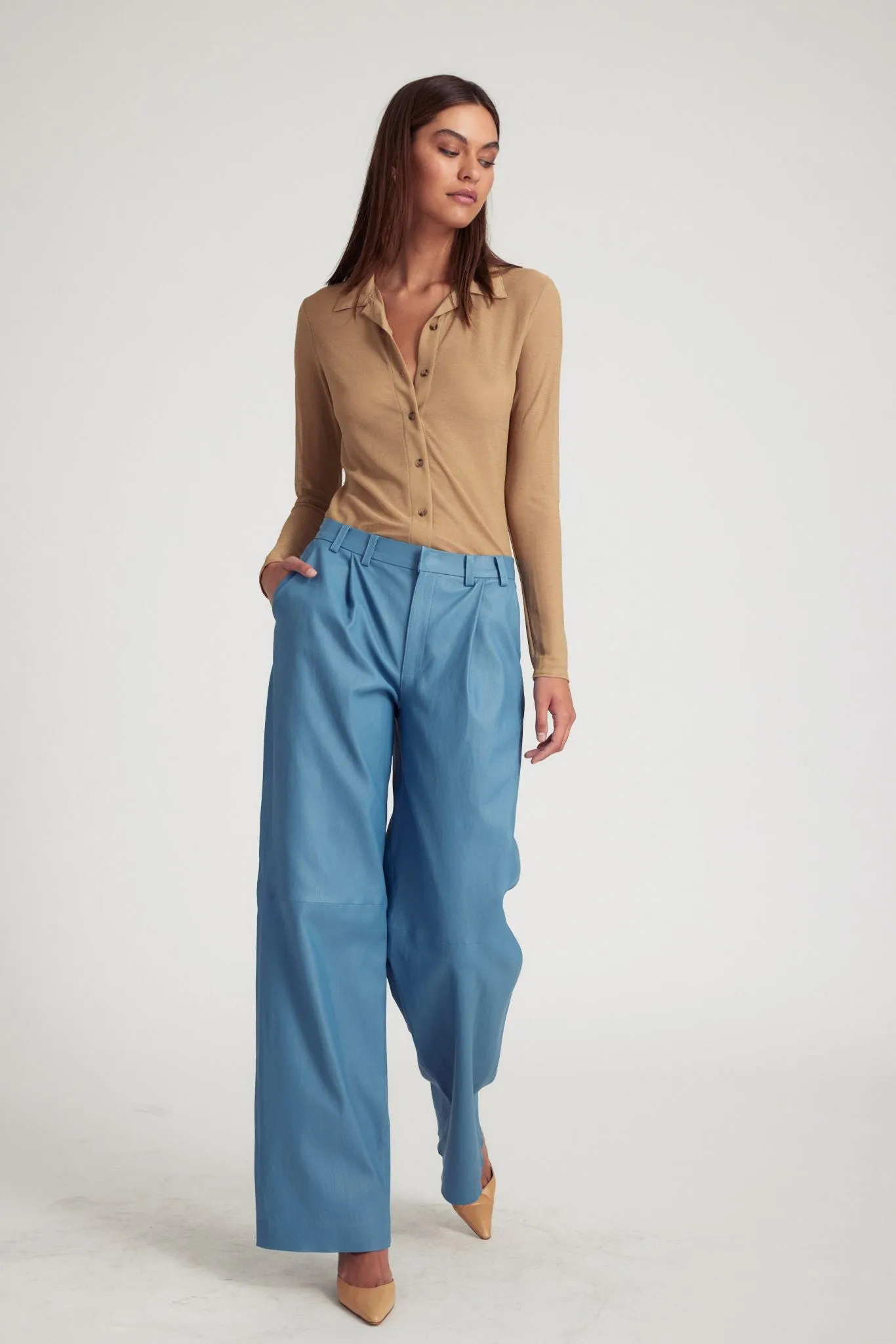 Chambray Blue Leather Pleated Trousers Perfect Design Perfect Comfort
