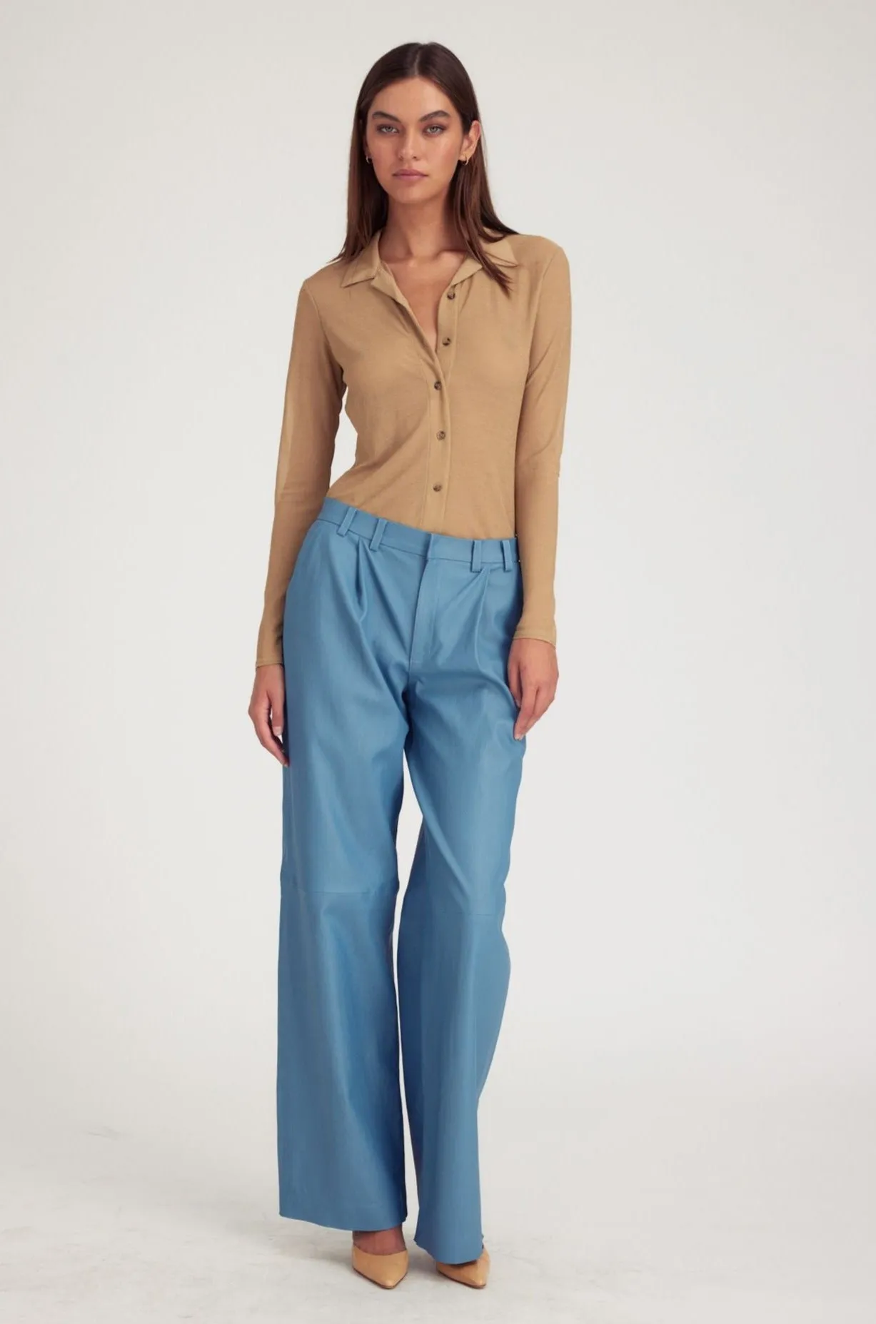 Chambray Blue Leather Pleated Trousers Travel Friendly