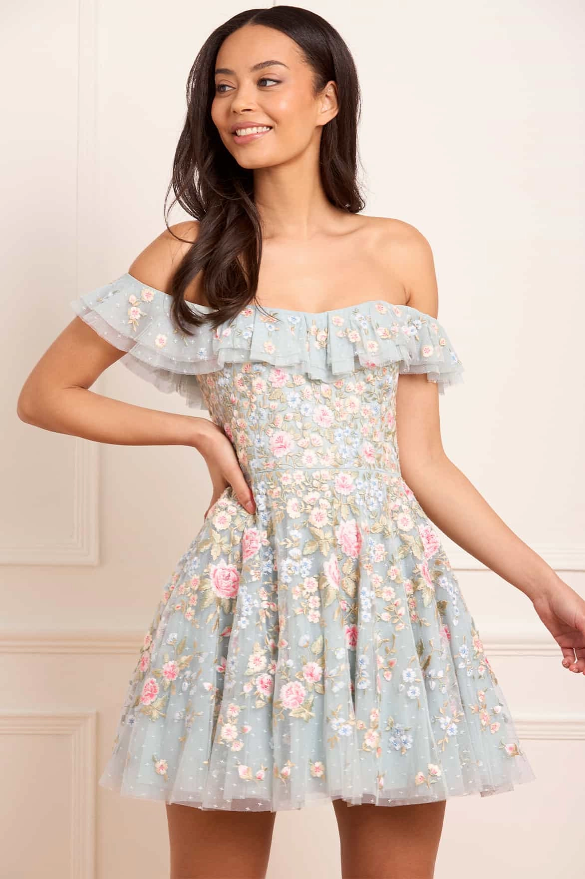 Antoinettes Floral Off-Shoulder Micro Mini Dress Side Pleats CrinkleResistantWeave