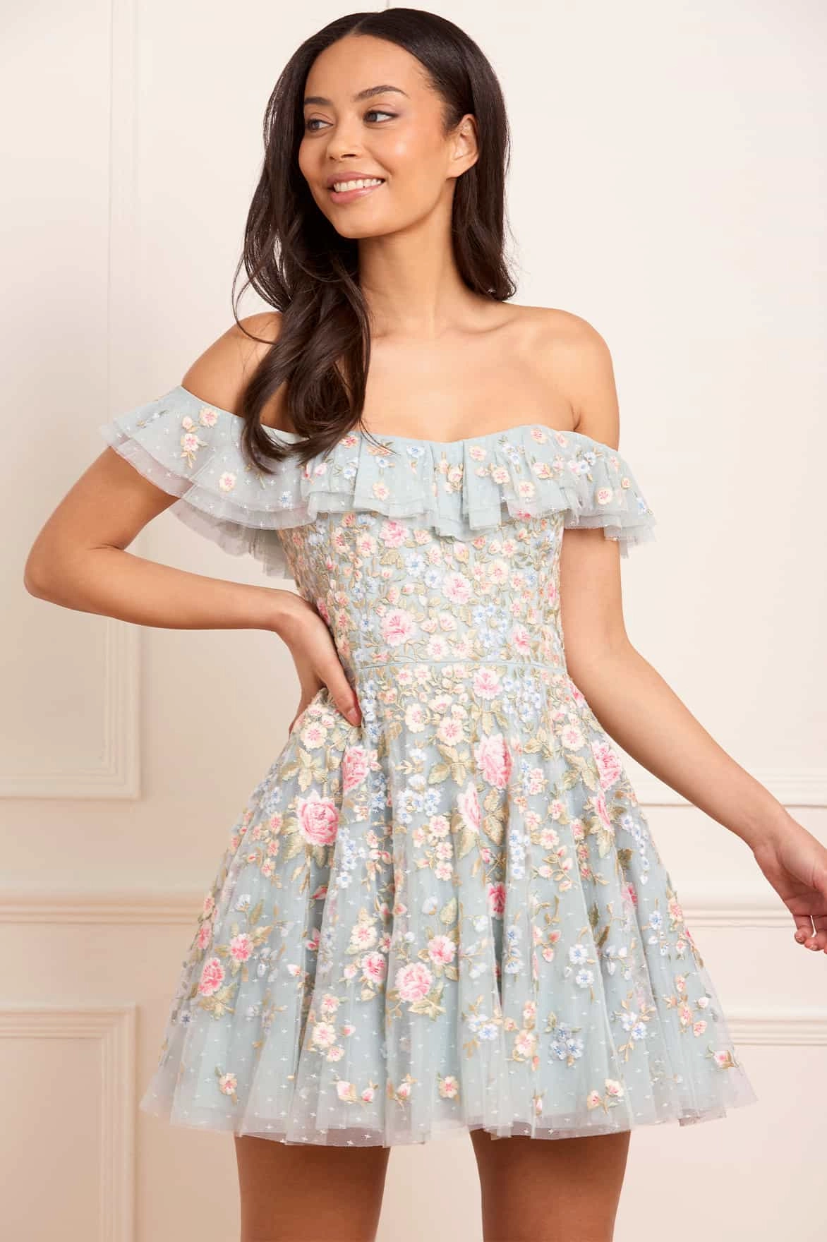 Antoinettes Floral Off-Shoulder Micro Mini Dress Layer Safe Feminine Charm
