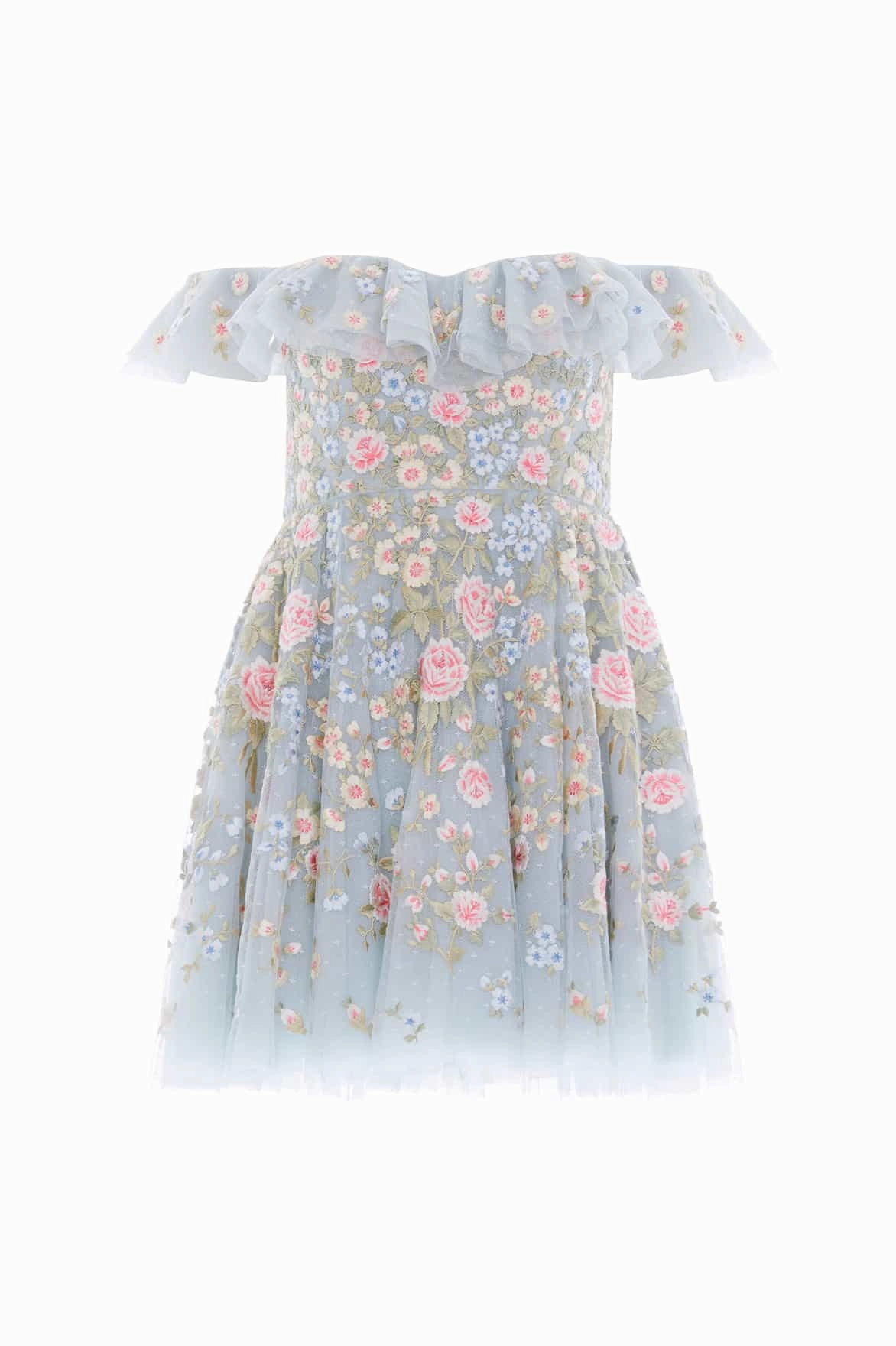 french chic Statement Piece Antoinettes Floral Off-Shoulder Micro Mini Dress