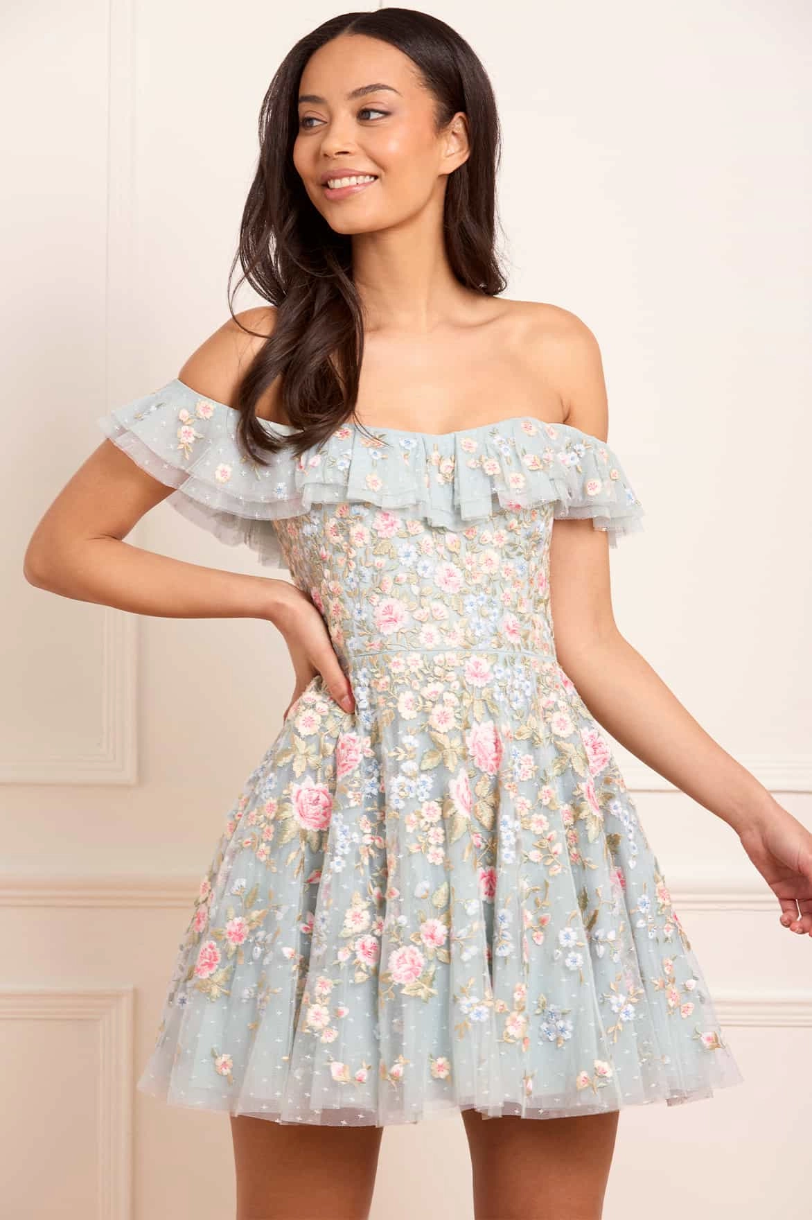 Antoinettes Floral Off-Shoulder Micro Mini Dress Floral design Simple Chic