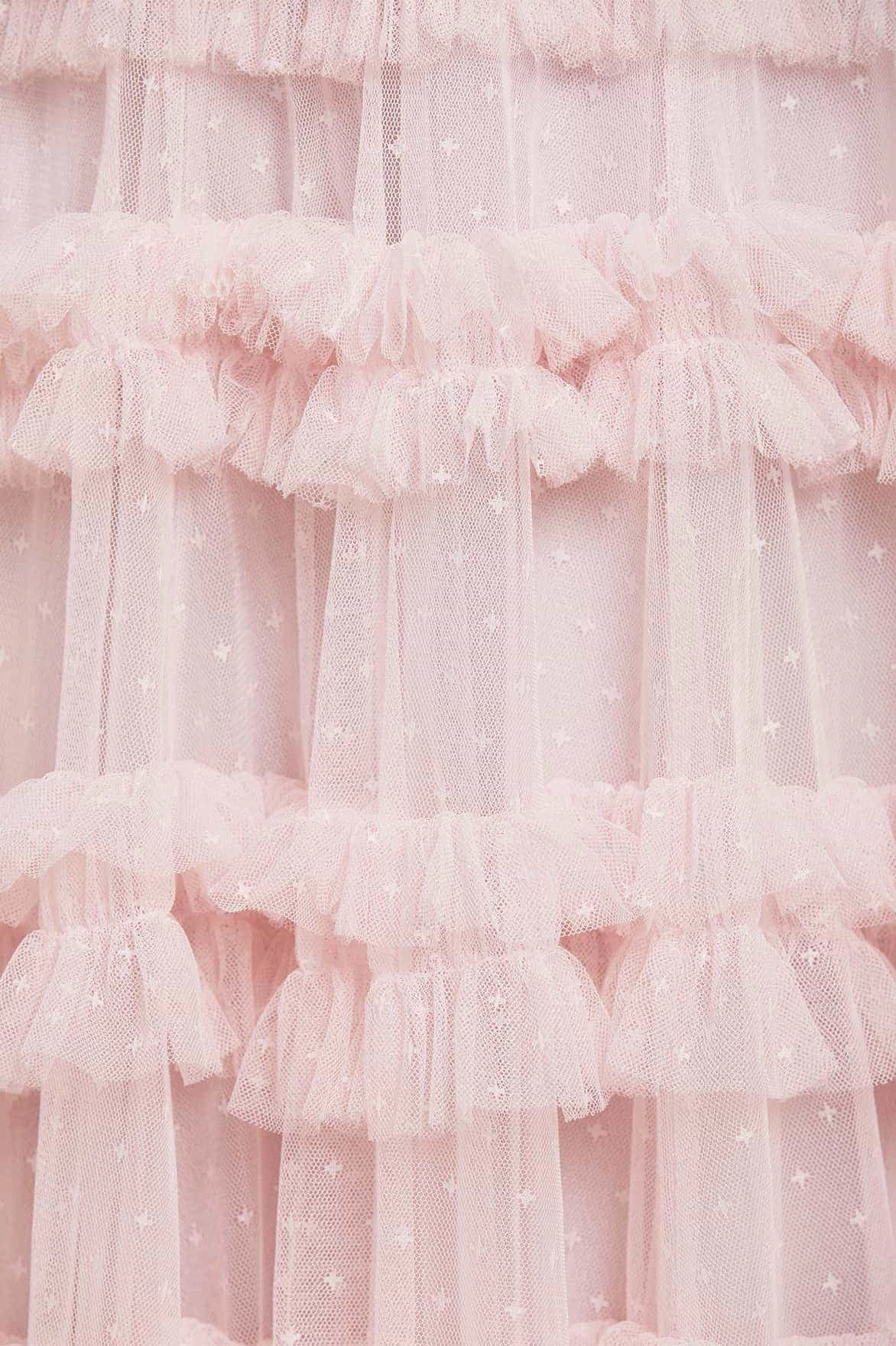 Draped Fabric Bloom Zone Lisette Ruffle Off Shoulder Gown