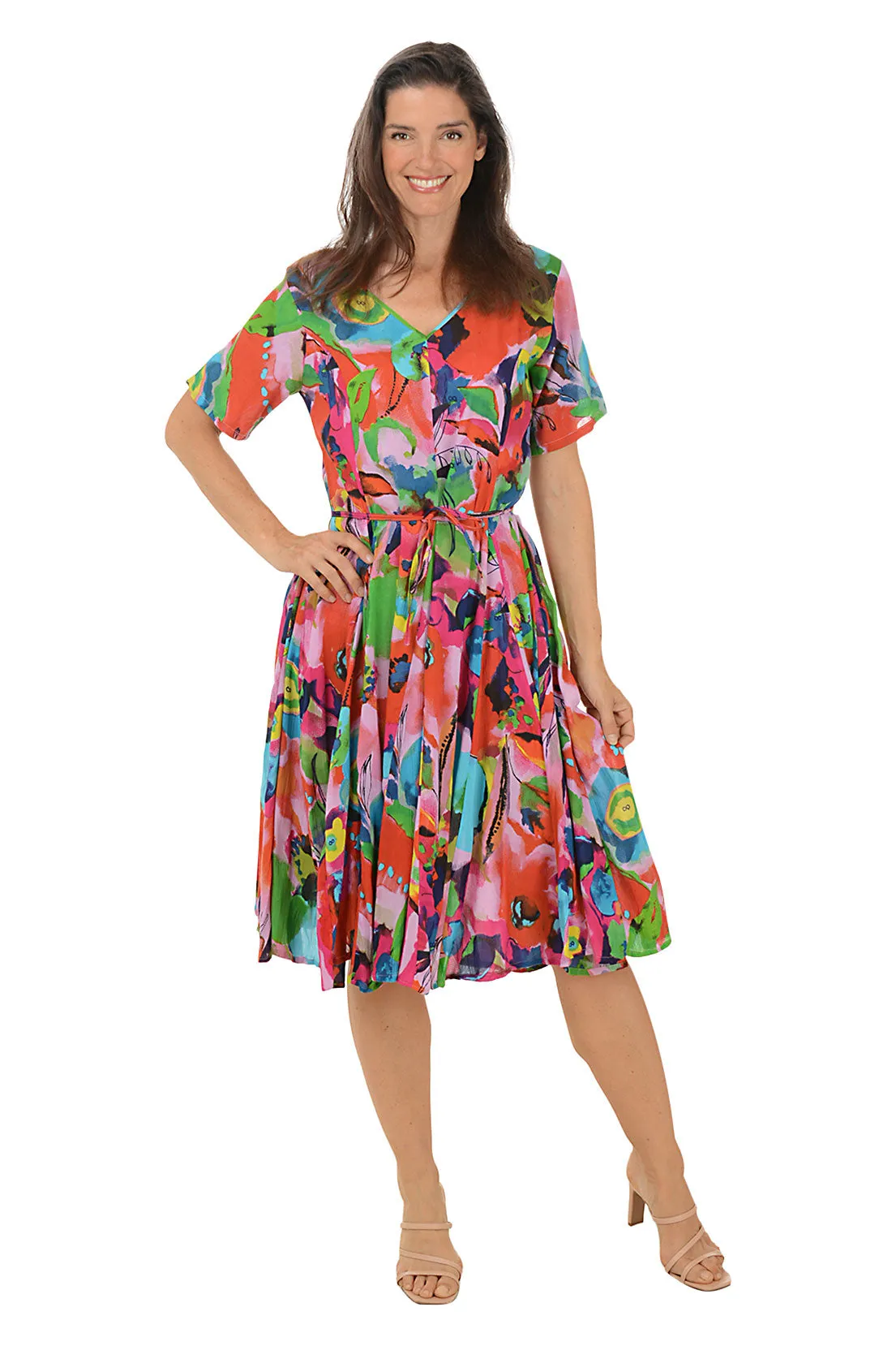Nevis V-Neck Godet Dress Belted-Style Vacation Vibe