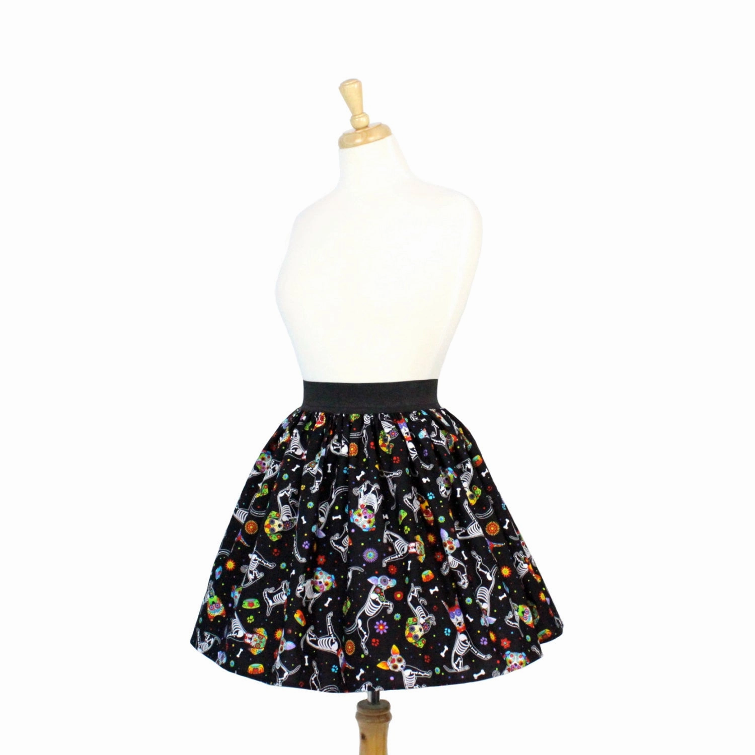 Slip Resistant Waistband Tailored Cut Day of the Dead Dog Pleated Skirt #PS-D331