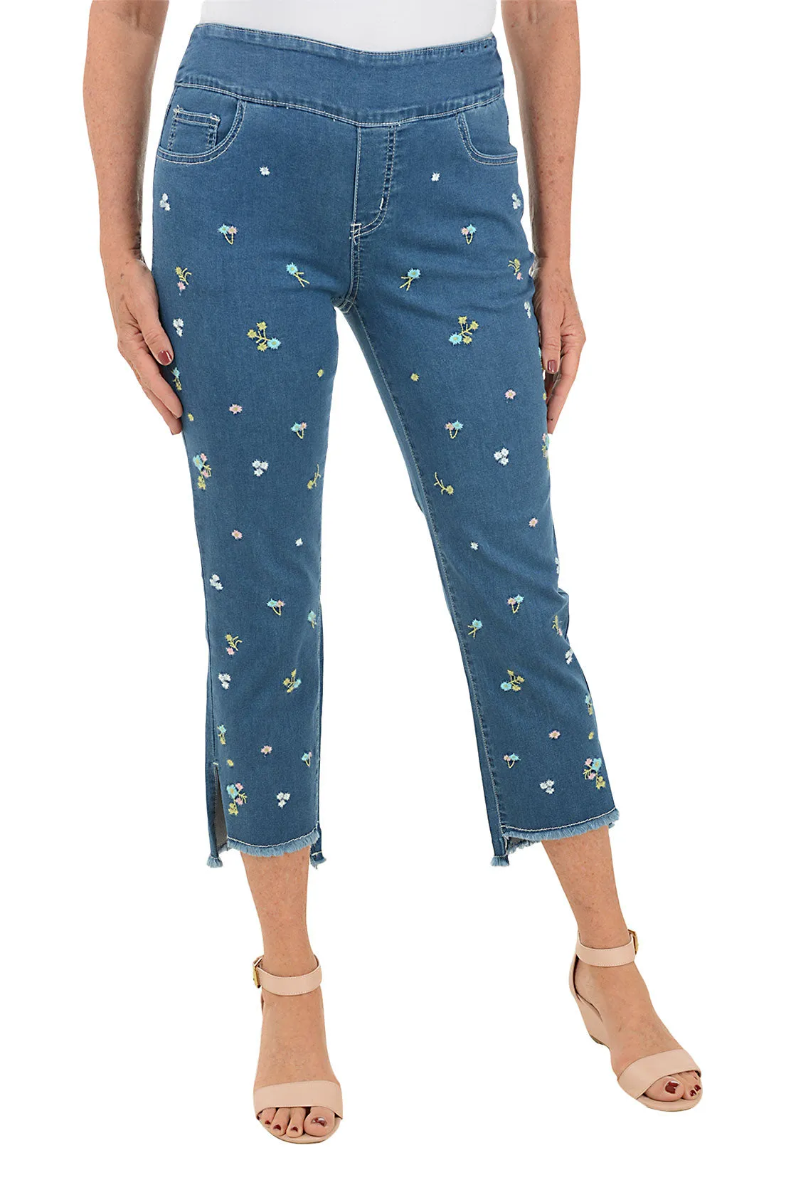 Ditsy Flower Embroidered Denim Ankle Pant Odor Control Fabric