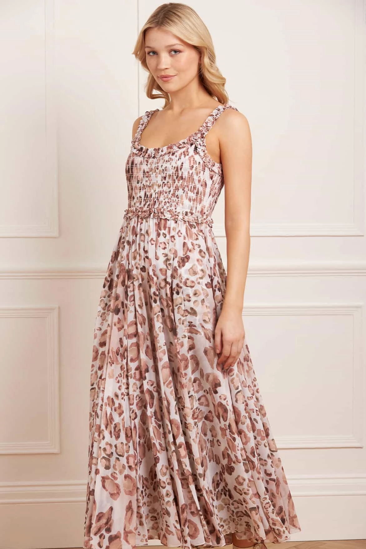 Flexible Design Leopard Chiffon Smocked Cami Ankle Gown