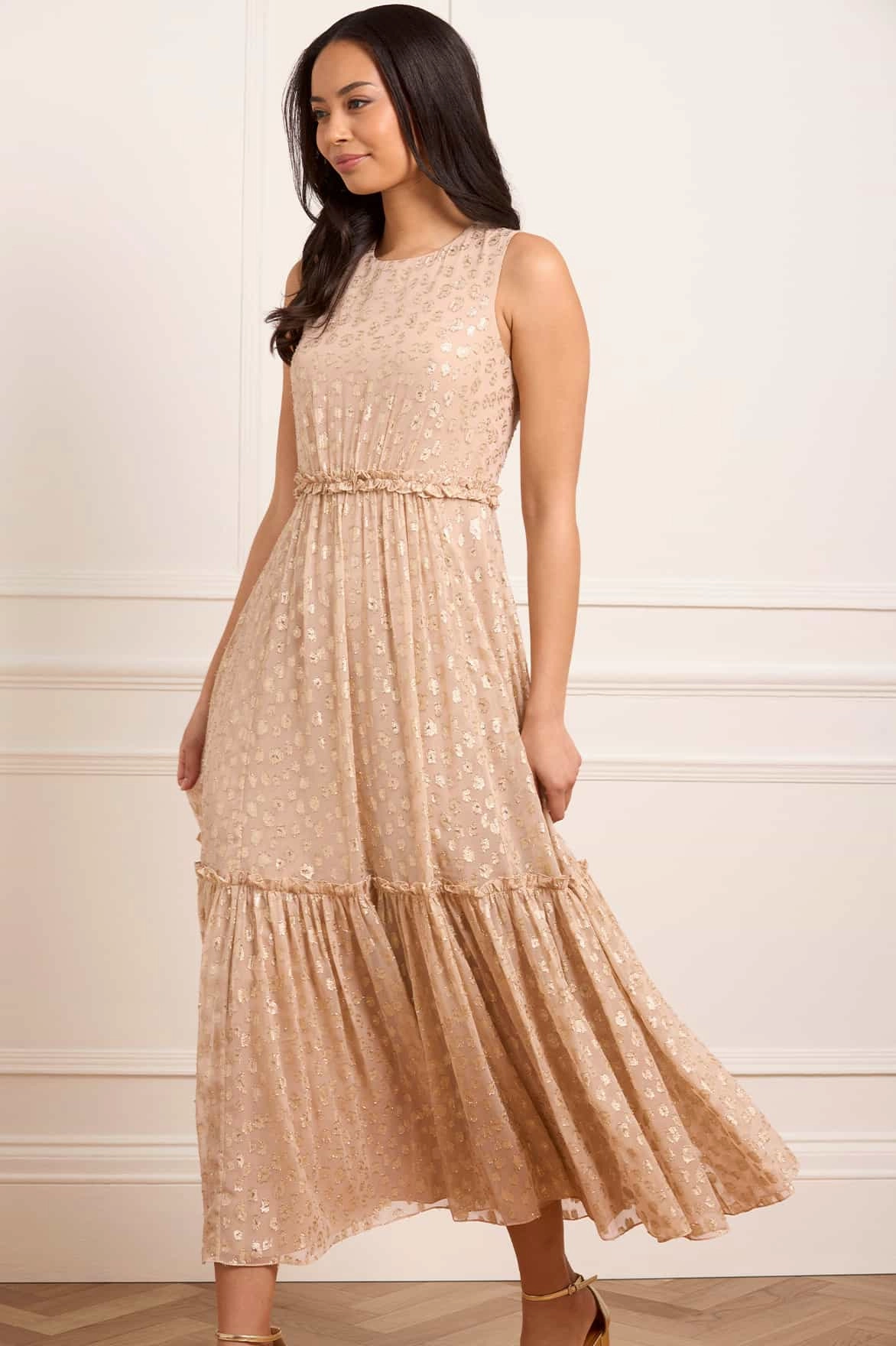 Tailored Style Cap-Sleeve Harper Lurex Cape Ankle Gown