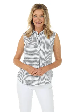 LaserCutVents AllDayComfortFit Linen Striped Sleeveless Blouse
