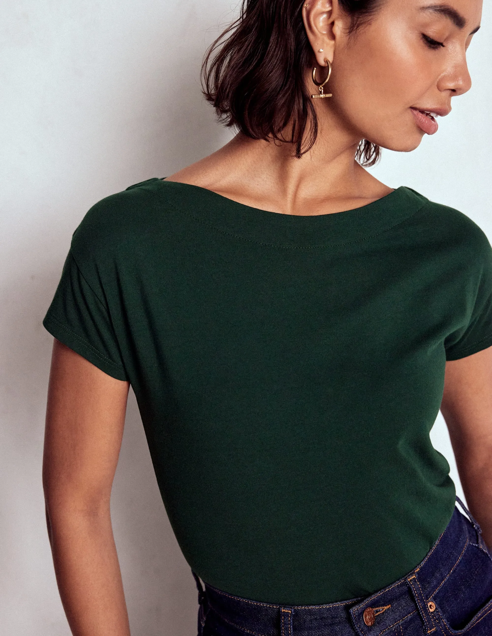 HighCollar Design Ethically Sourced Material Supersoft Boat Neck T-Shirt-Green Pine