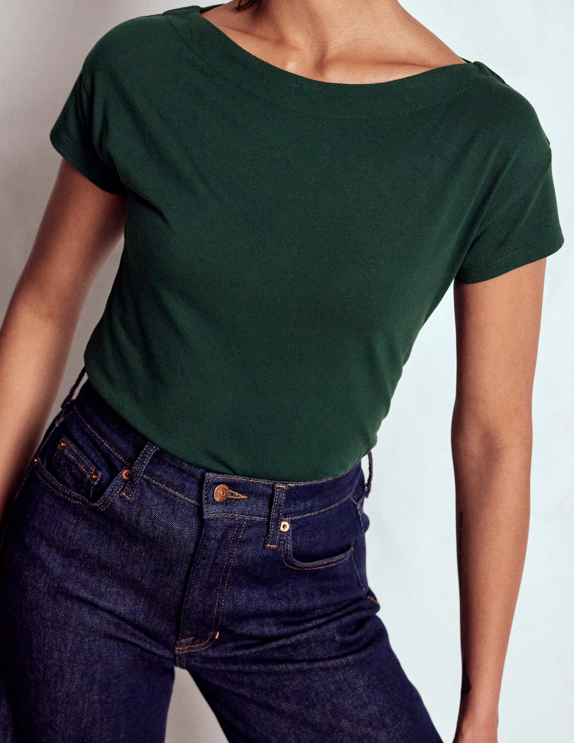 Layered Hem Detailing Supersoft Boat Neck T-Shirt-Green Pine