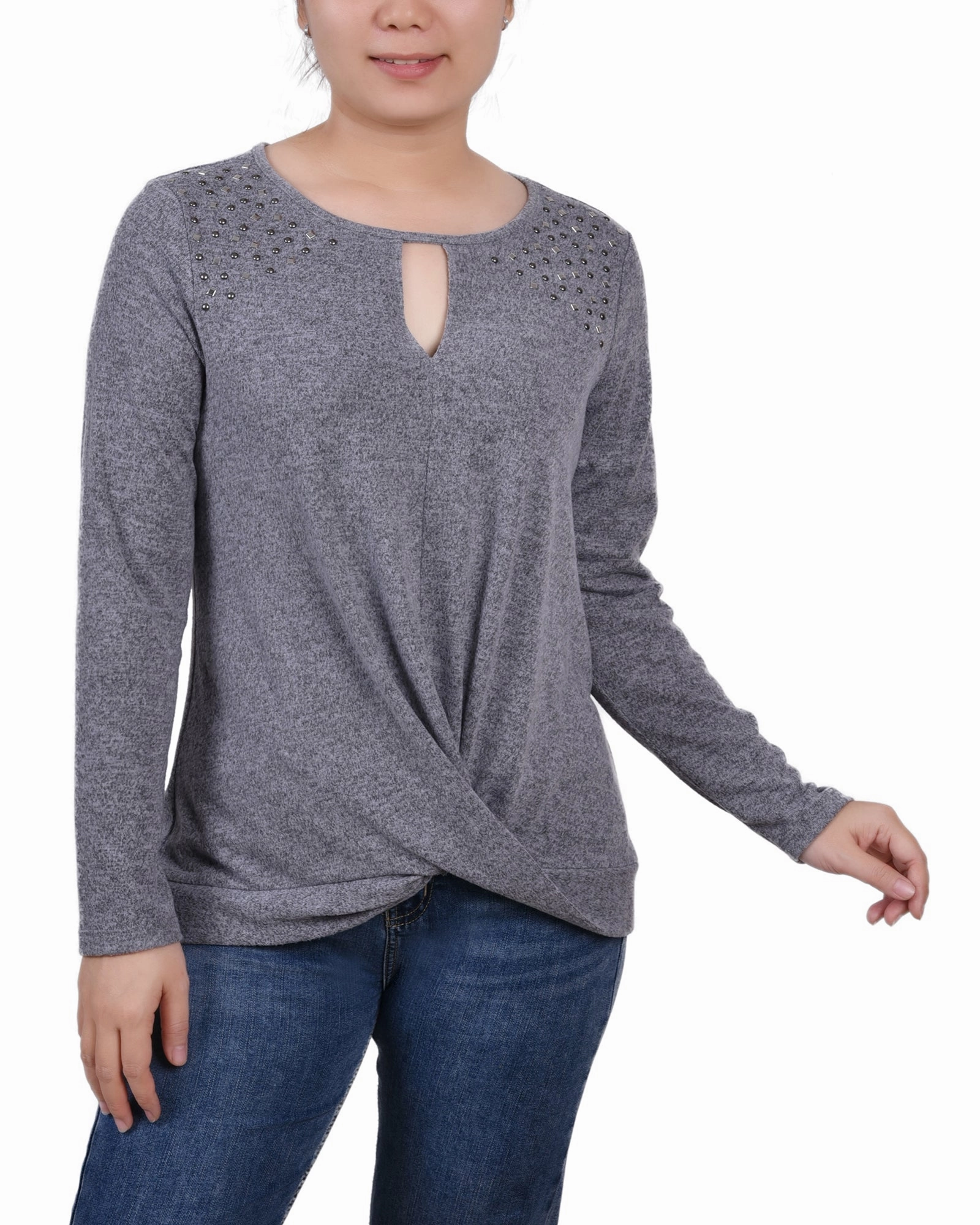 Petite Long Sleeve Knit Keyhole Top With Studs MultiPocketDesign