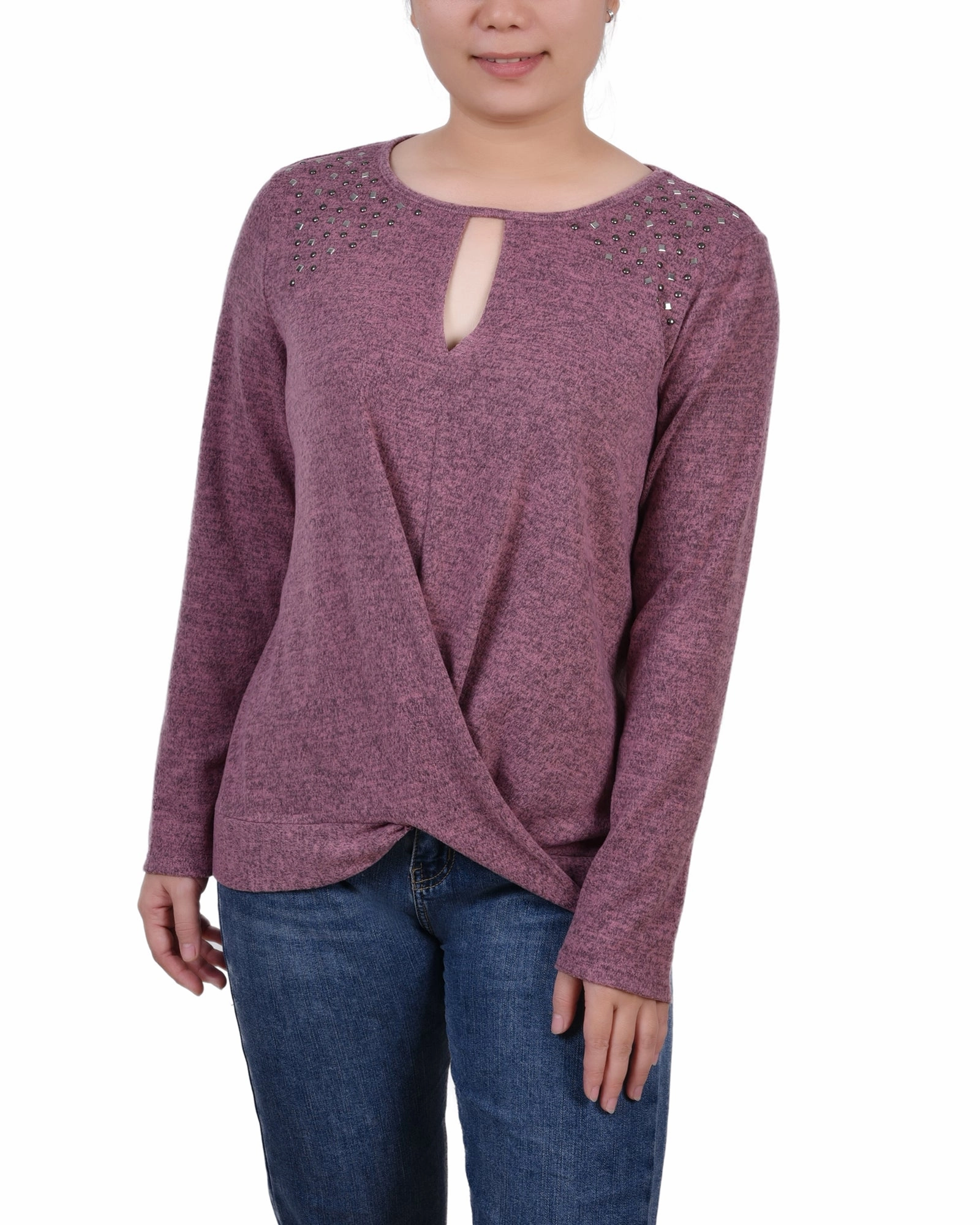 Petite Long Sleeve Knit Keyhole Top With Studs ConvertibleStyle High Stretch Fabric