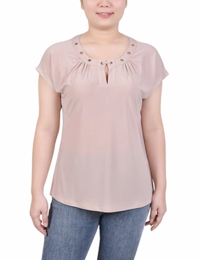 FourWayStretch Short Extended-Sleeve Grommet Neck Knit Top