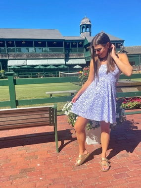 Avalon Dress Variegated Leaves Perwinkle/White London Edge Seasonal Layering