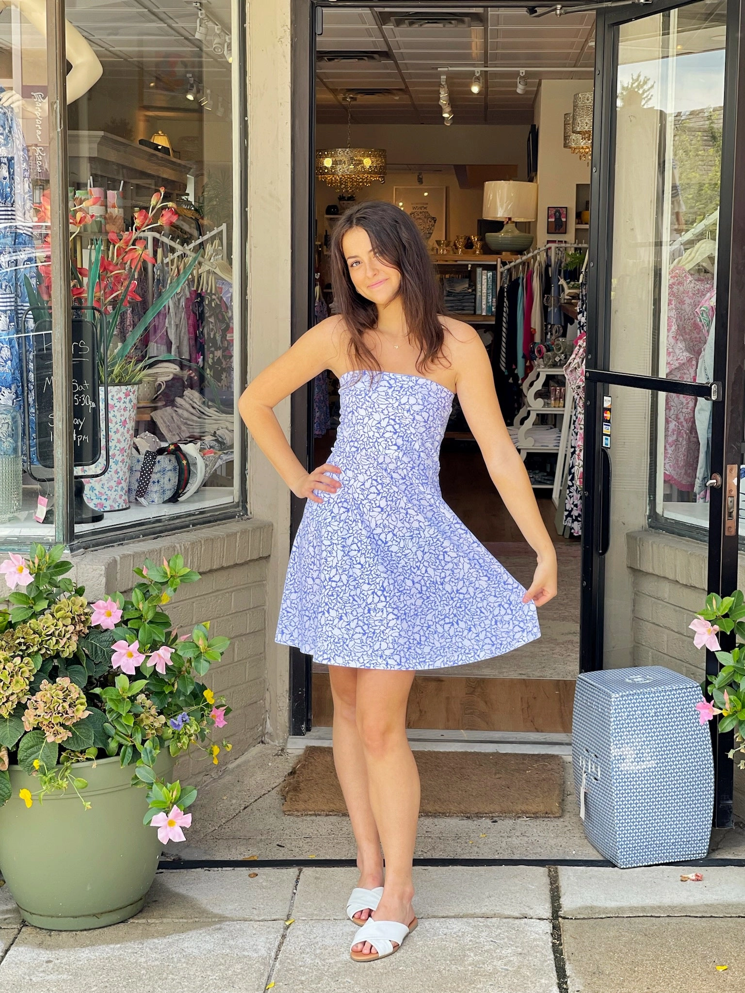 Family Vibe Avalon Dress Variegated Leaves Perwinkle/White