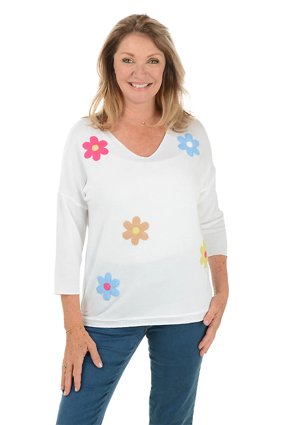 Fleecy Flower Applique Knit Top Eco Dye Process AthleisureReady