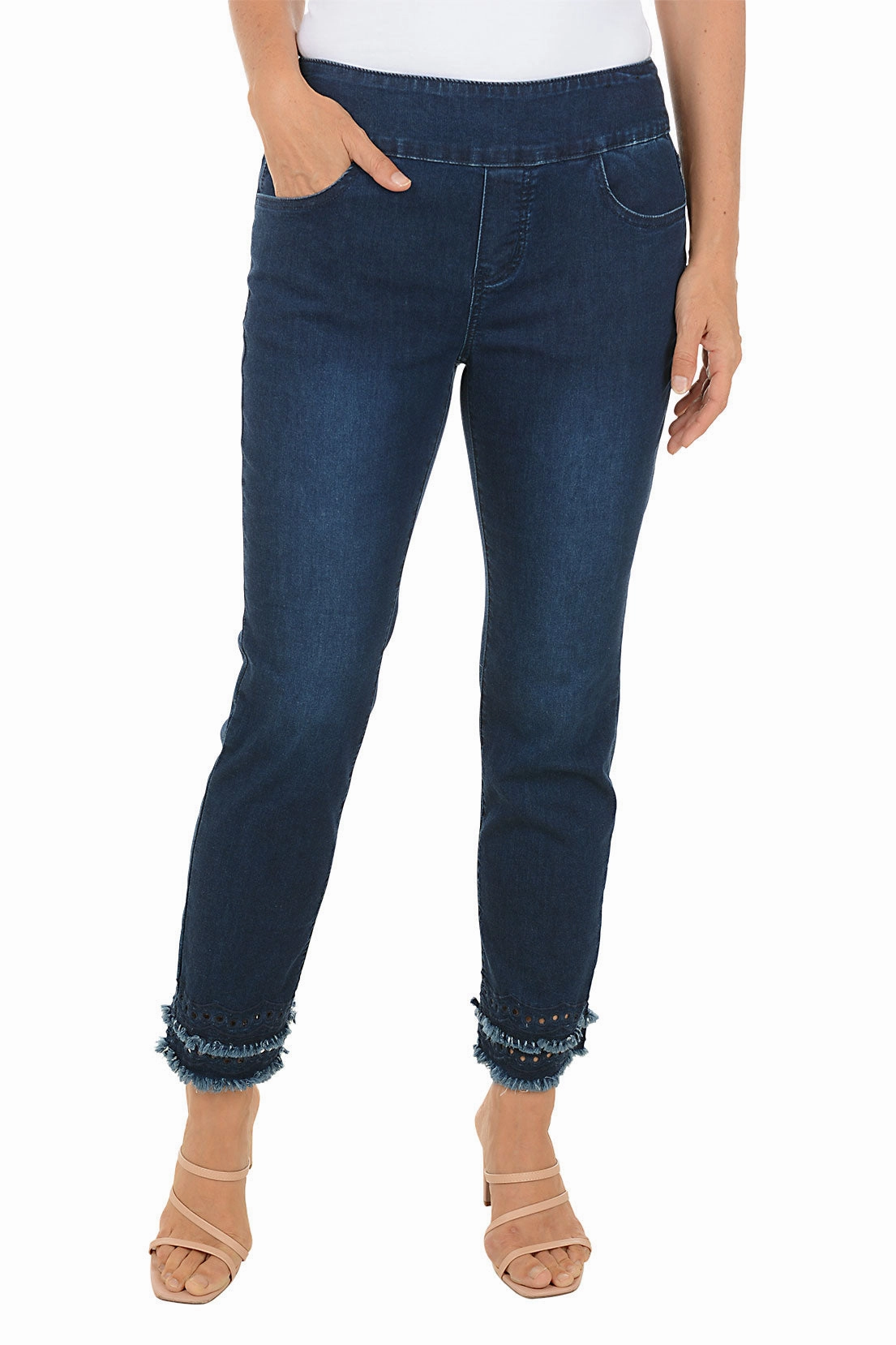 Loose Fit Dark Denim Double Fringe Eyelet Ankle Pant