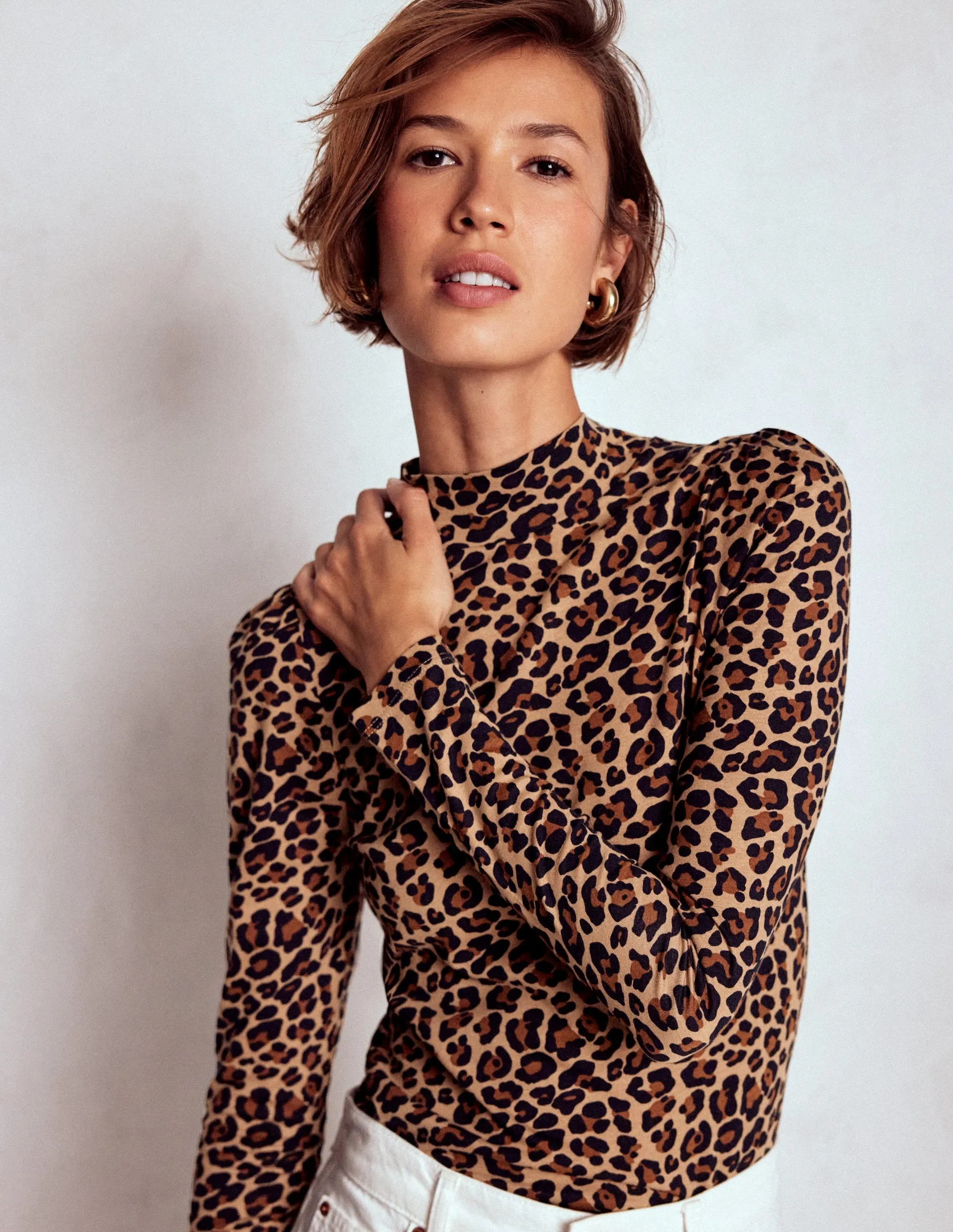 Wrinkle Free Texture Puff Shoulder Jersey Top-Multi, Cheetah Pop