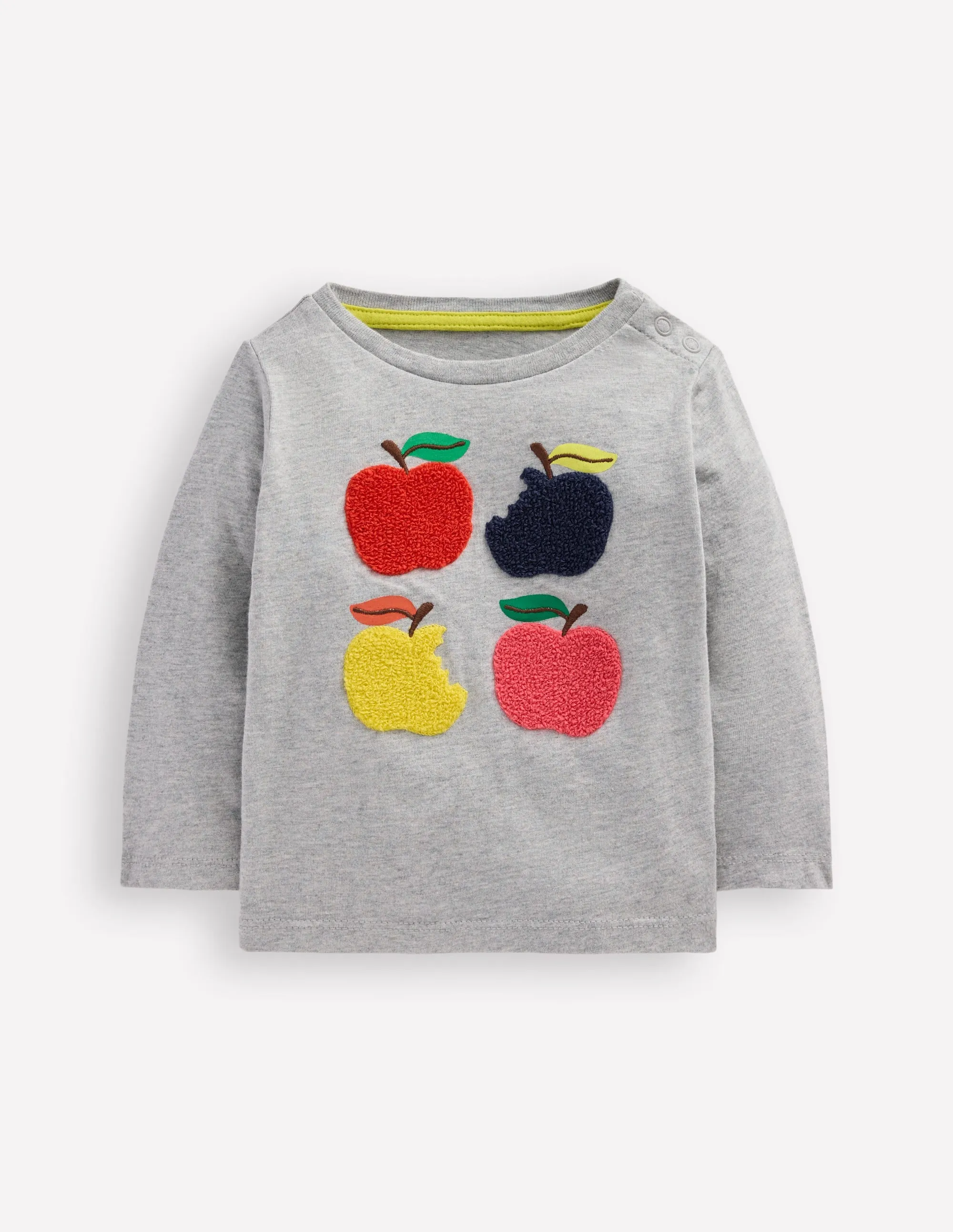 Long Sleeve Applique T-Shirt-Grey Marl Apples Multi Panel Construction