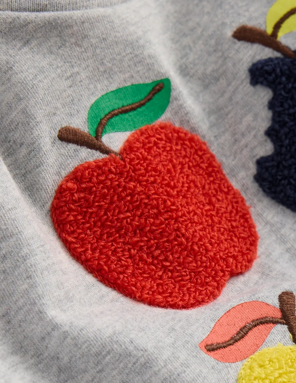 Long Sleeve Applique T-Shirt-Grey Marl Apples BondedShoulder Soft Cotton Blend