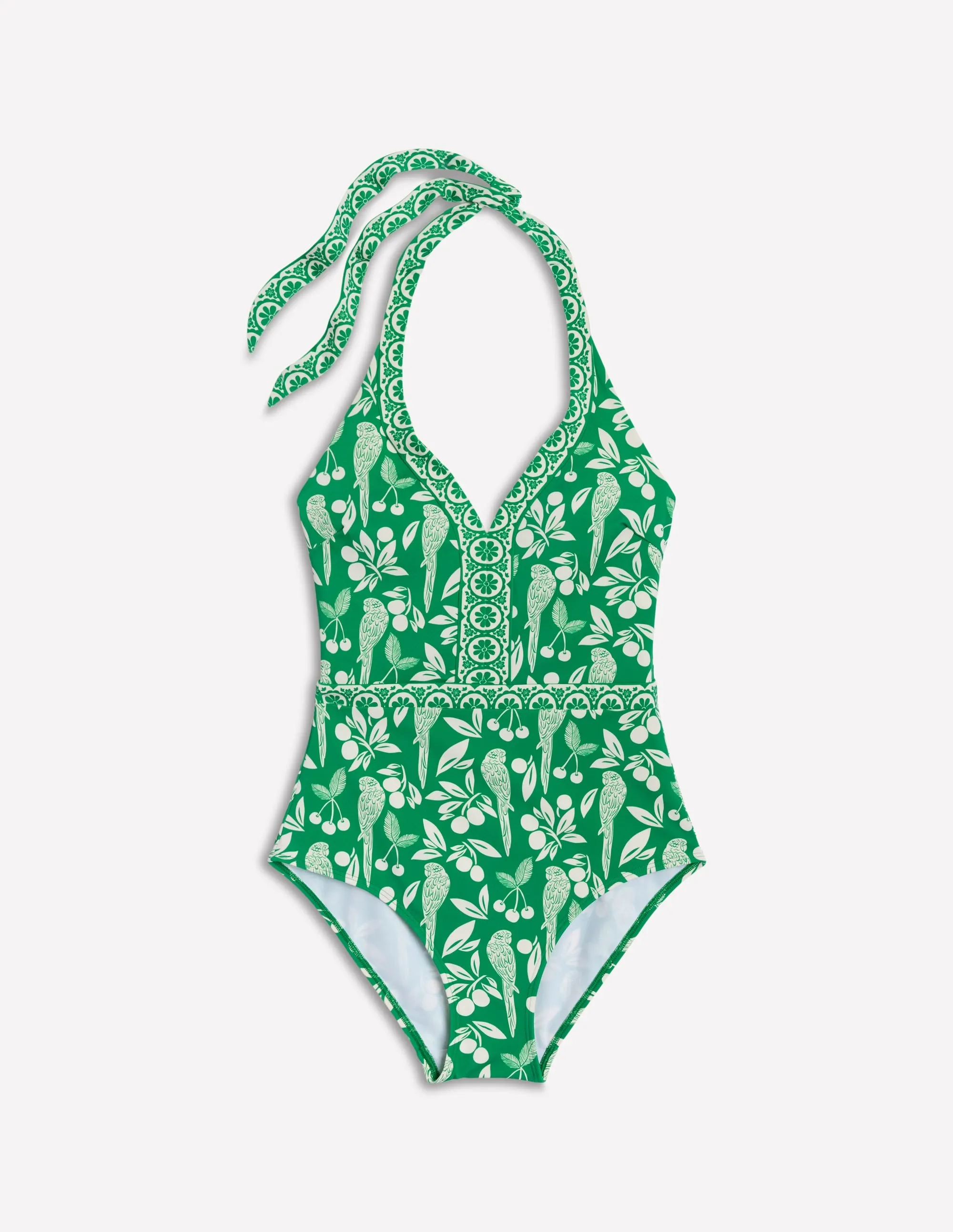 Elegant-style UPF Rated Ios V Panel Swimsuit-Rich Emerald, Ornate Tropics