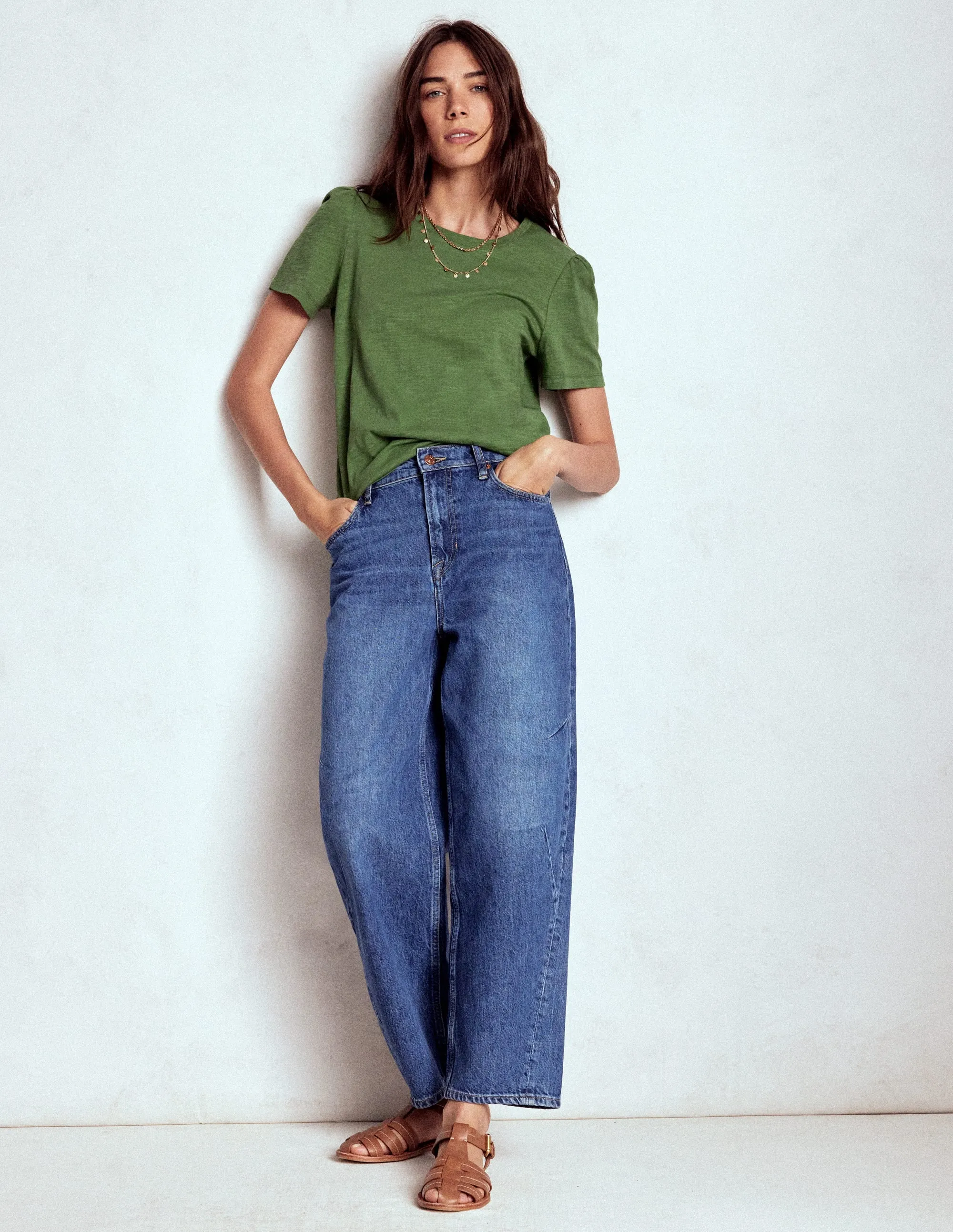 Cotton Puff Sleeve T-Shirt-Safari Green Active Look High Collar Option