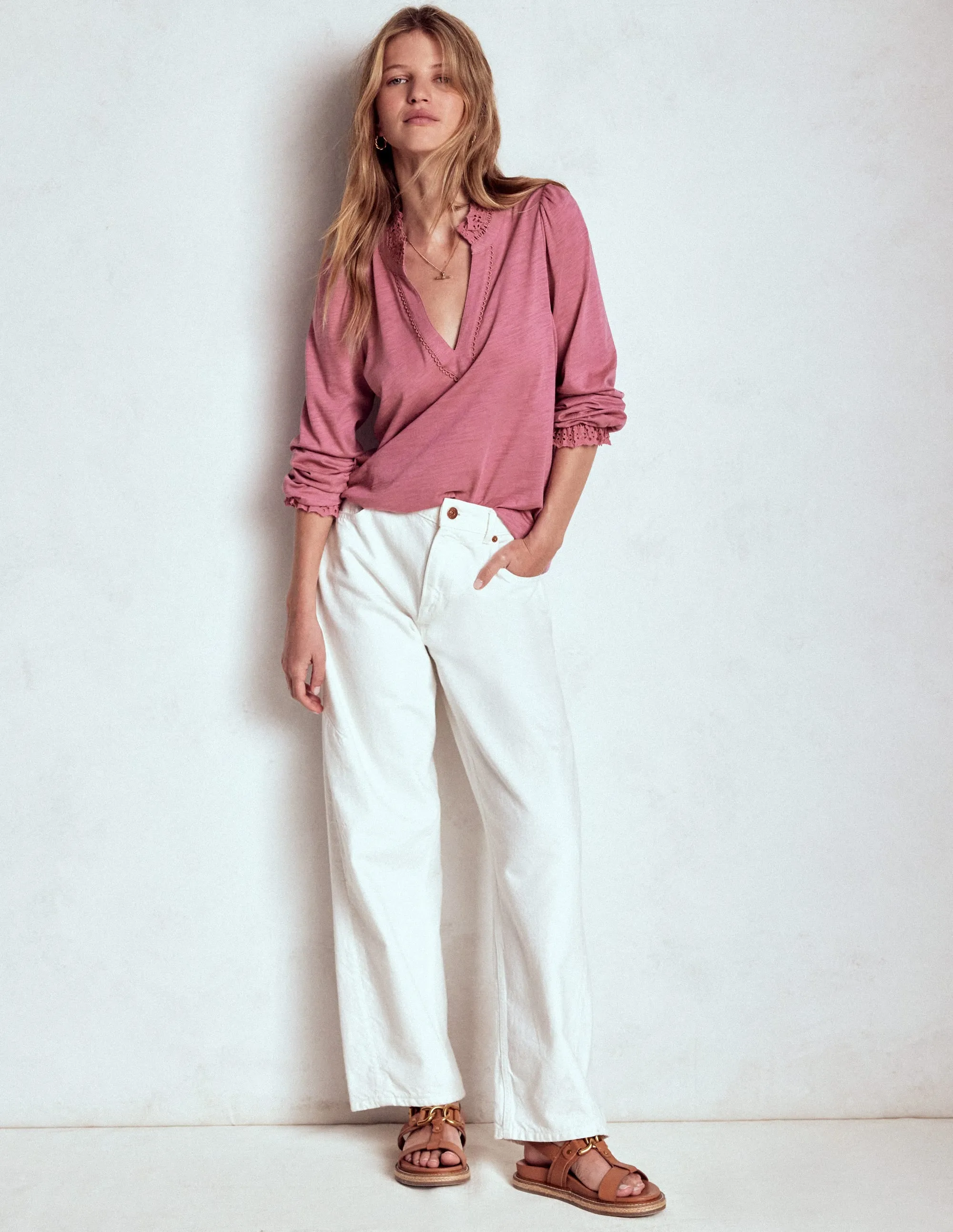 Aria Broderie Notch Neck Top-Pink Heather Double Chest Pocket