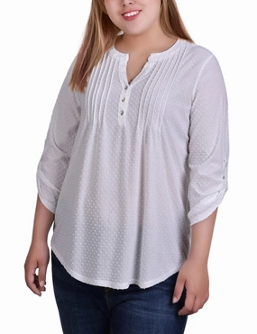 Plus Size 3/4 Tab Sleeve Y Neck Top Flexible Material