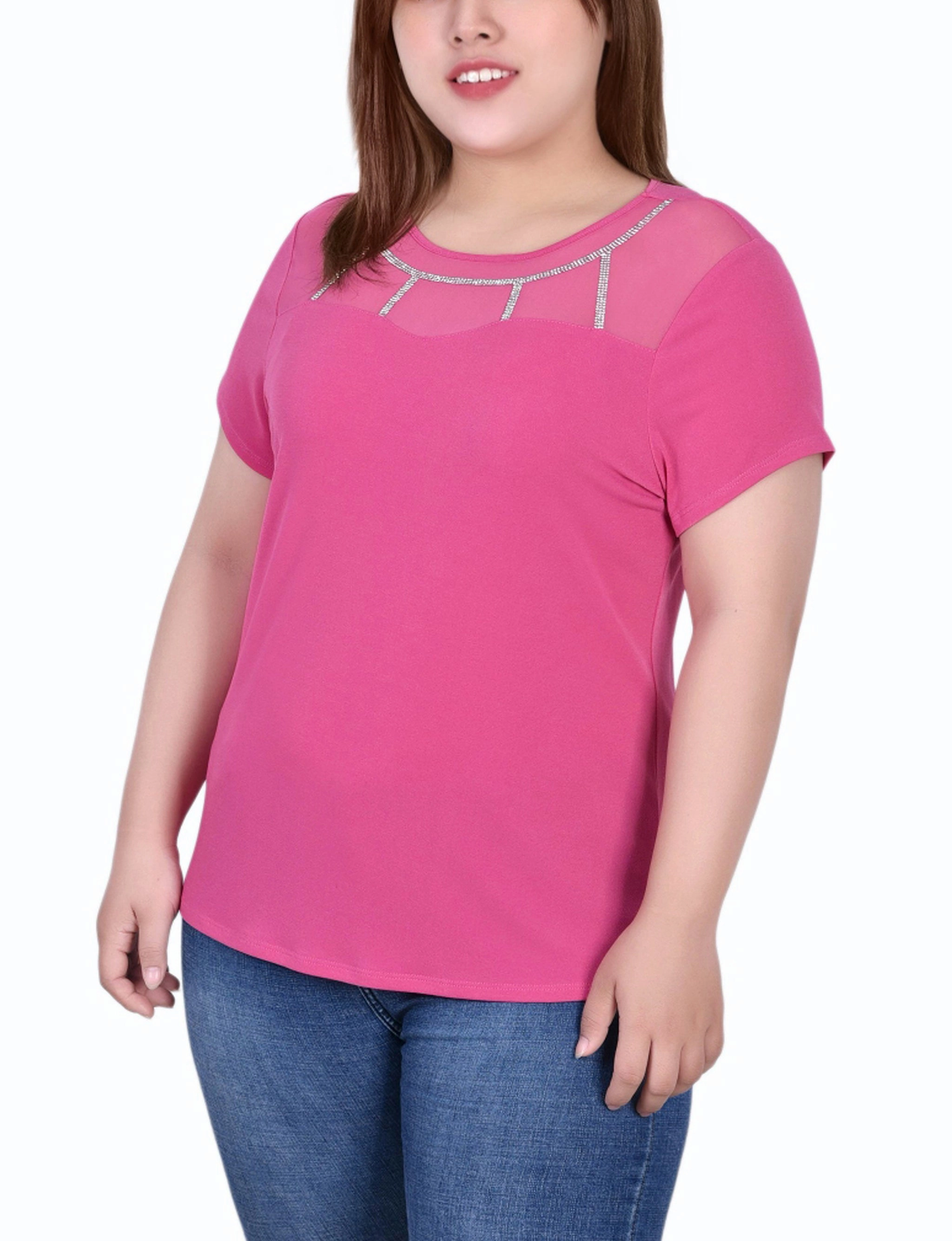 SoftTouchBrushedInterior Stretch Knit Fabric Plus Size Short Sleeve Crepe Top With Stone Details