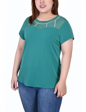 Tapered Side Panels Plus Size Short Sleeve Crepe Top With Stone Details