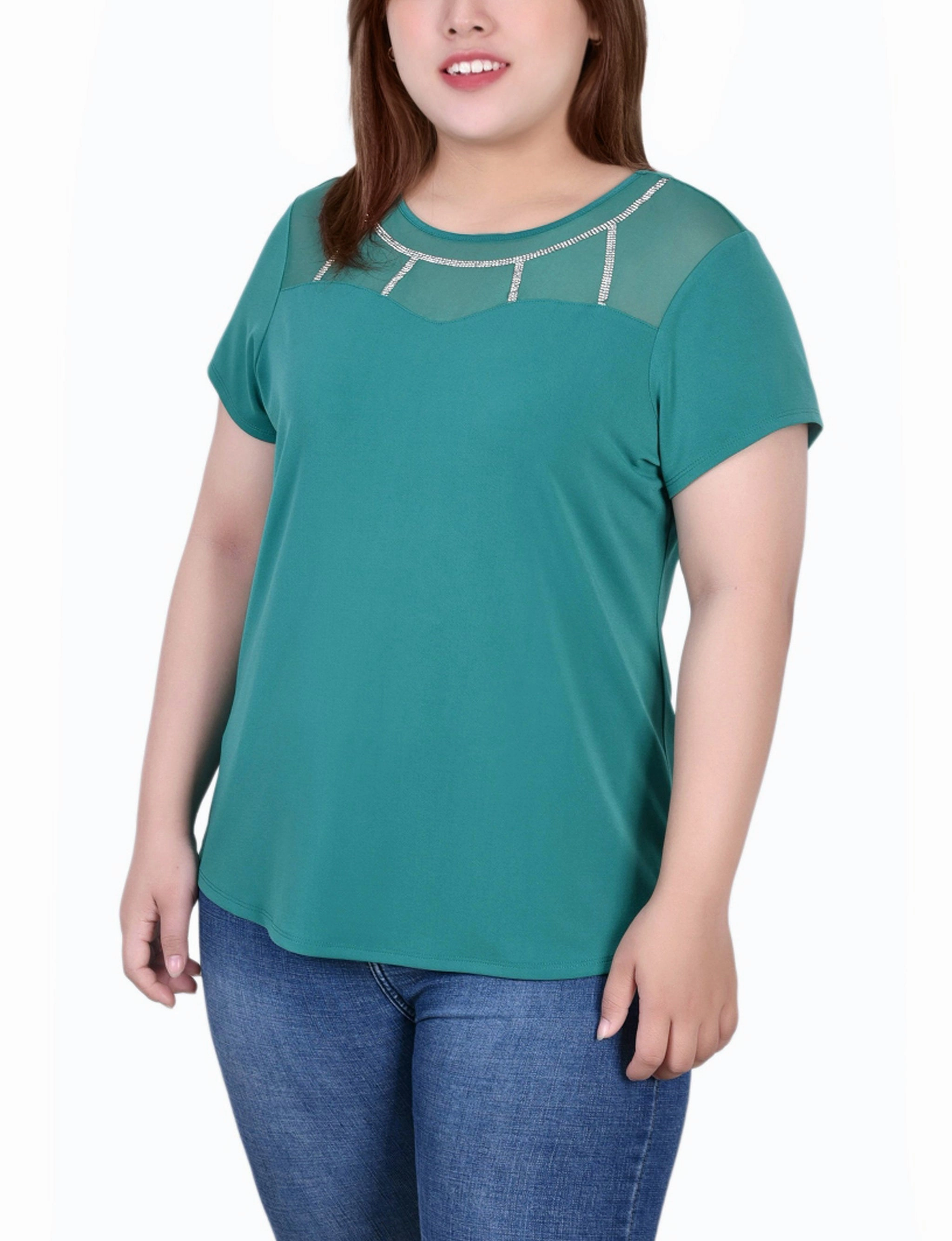 Bamboo Fiber Fabric Plus Size Short Sleeve Crepe Top With Stone Details