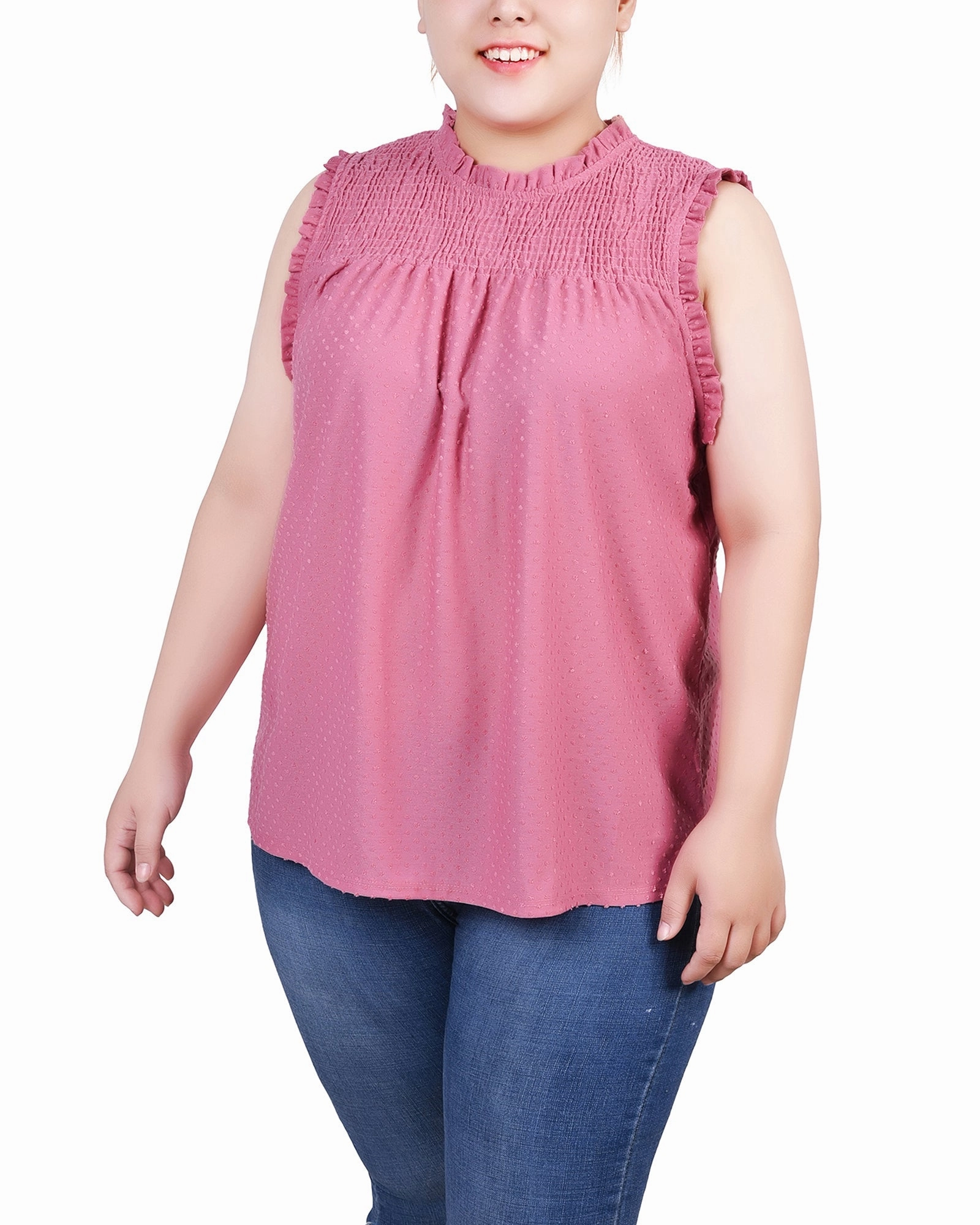 Plus Size Sleeveless Yoke Top With Ruffles Sheer Overlay Material