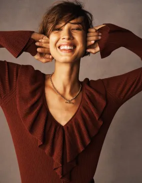 Ruffled Rib Henley Jumper-Chestnut Wardrobe Must Thermal Insulation Layer