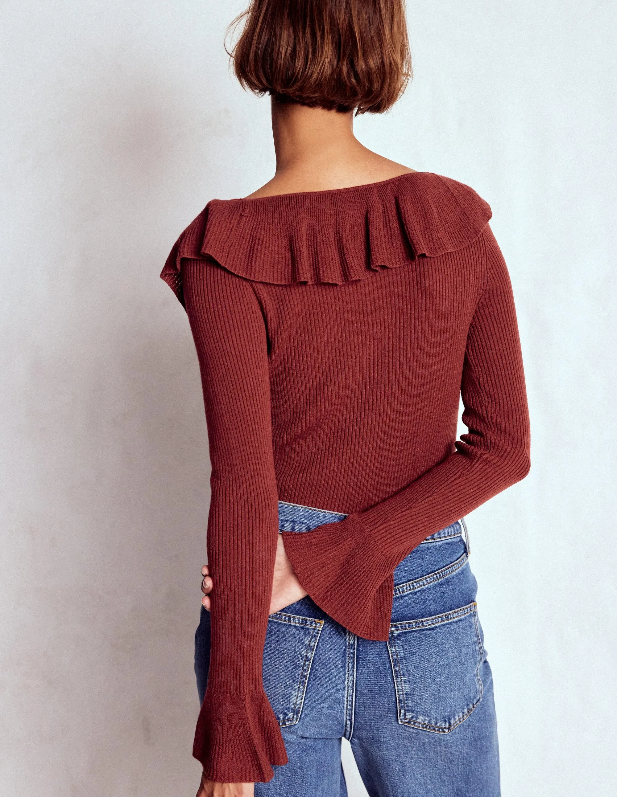 Ruffled Rib Henley Jumper-Chestnut Layered Cuff Calm Outfit