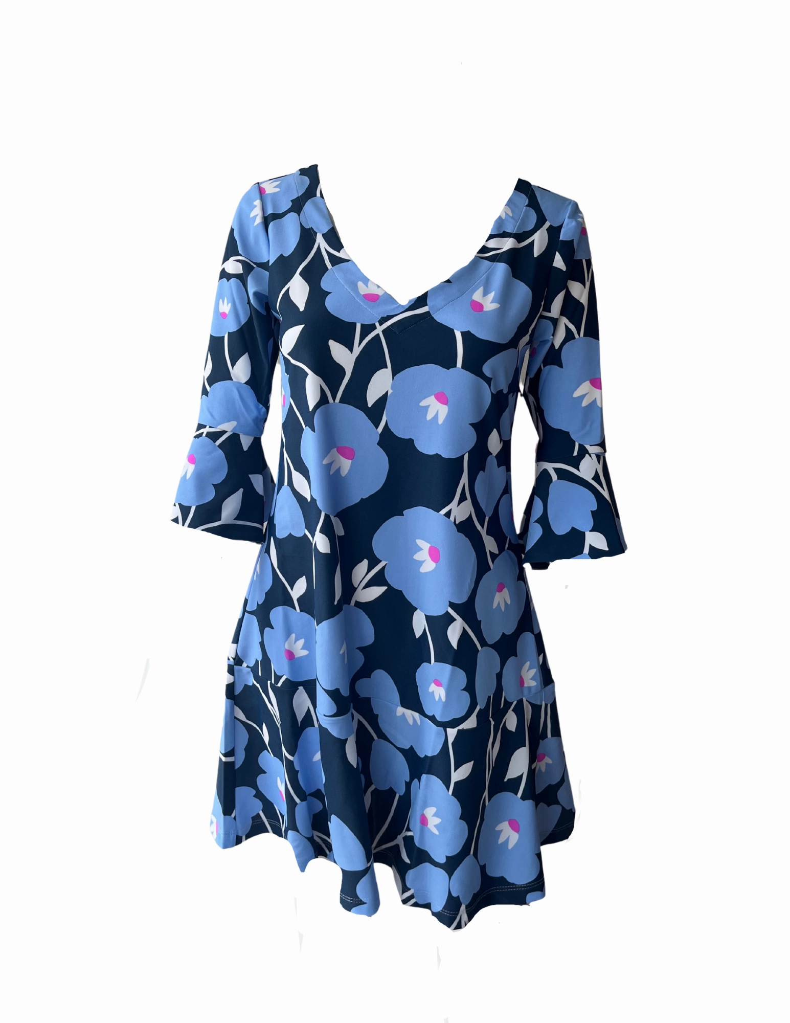 Chilly Comfort Flirty Dress Pop Art Flower Navy