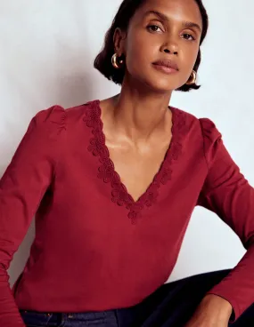 Flora Lace V-neck Top-Burgundy Red Soft Cotton