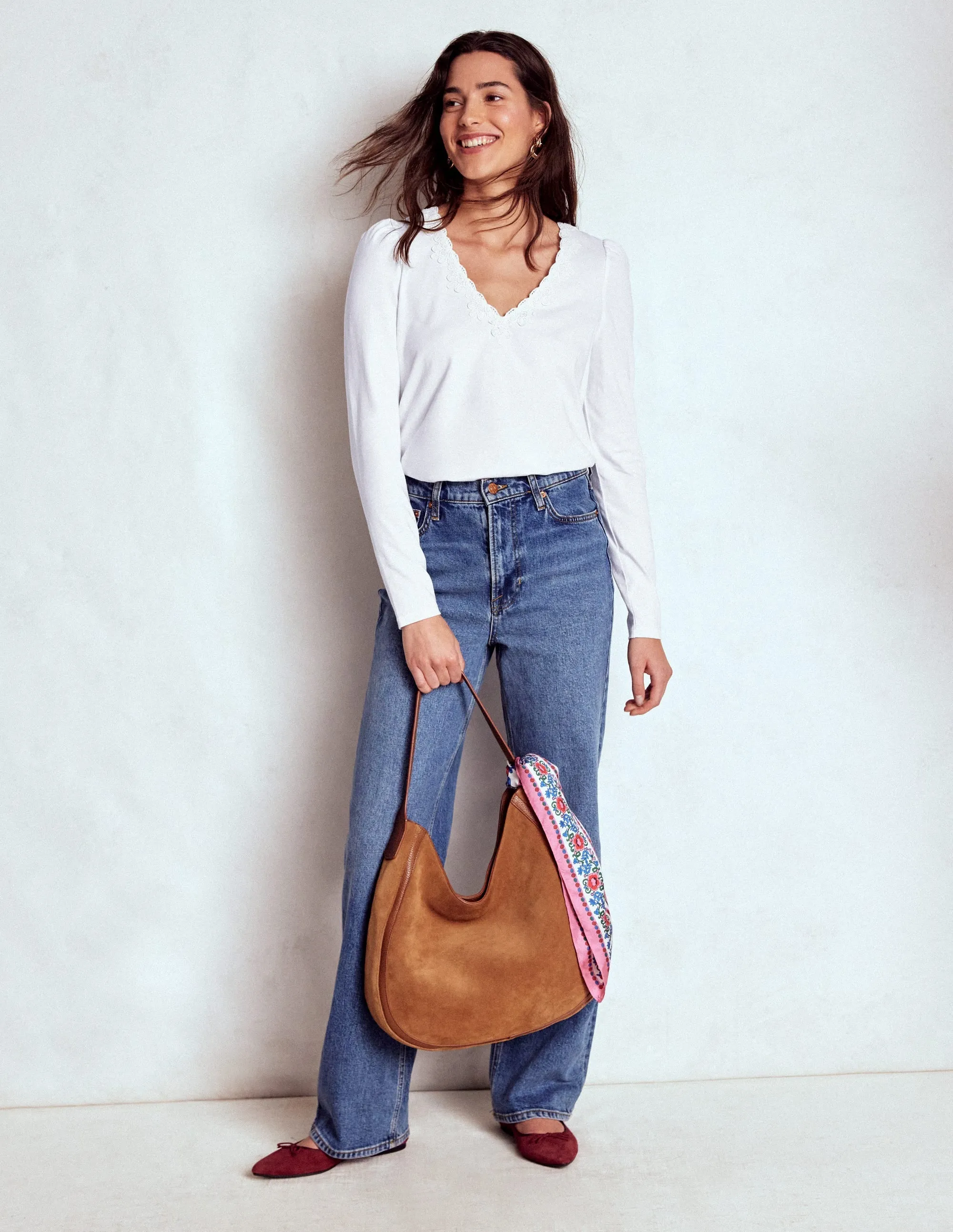 Casual Long Sleeve EthicallySourcedMaterial Flora Lace V-neck Top-White