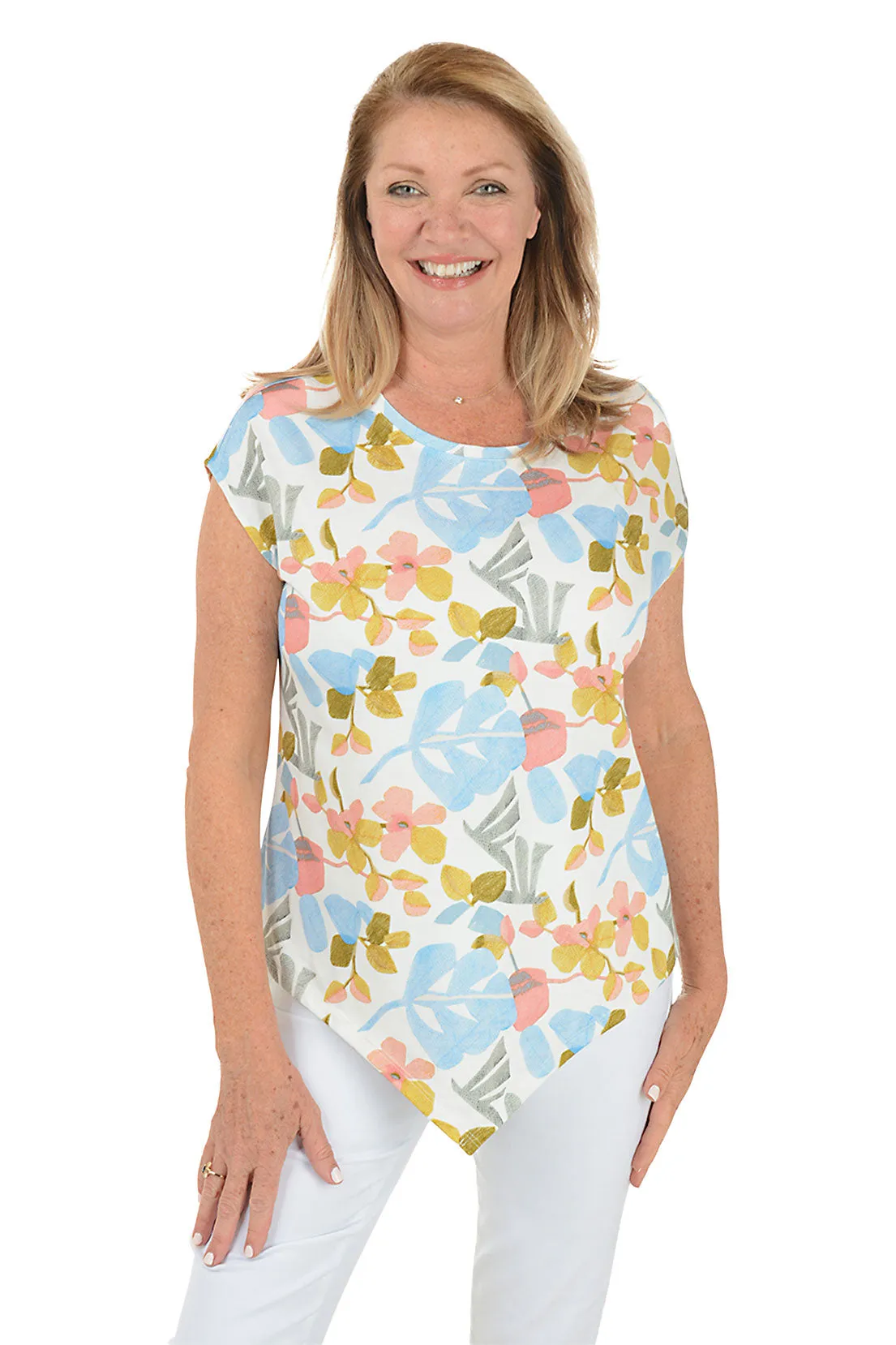 MoistureWickingTechnology Floral Pointed Hem Cap Sleeve Tee