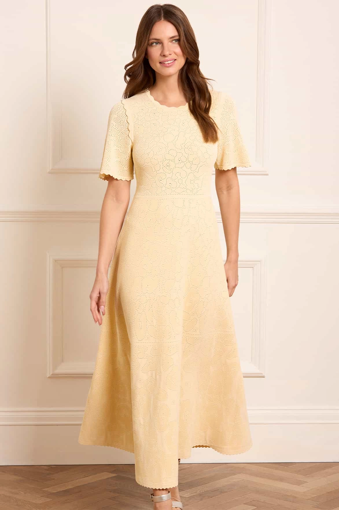 Floral Pointelle Knit Gown ElasticWaistband Elegant Motion