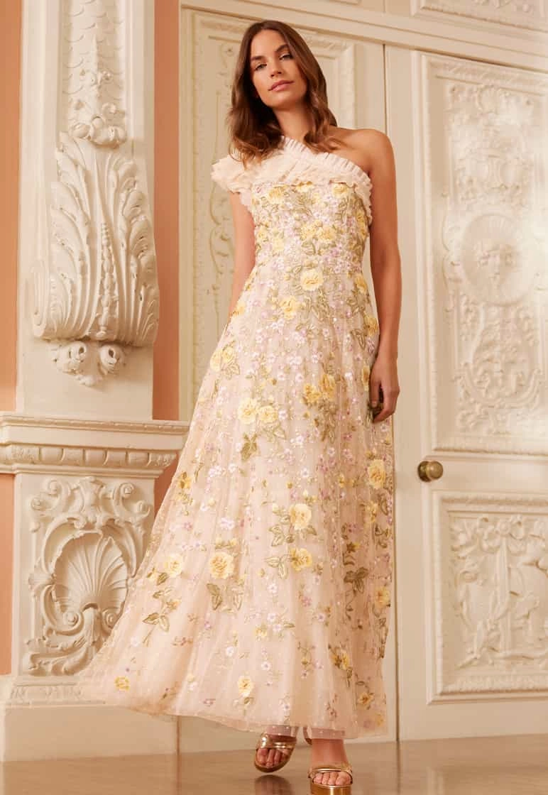 Florine One-Shoulder Ankle Gown Contrasting Detail