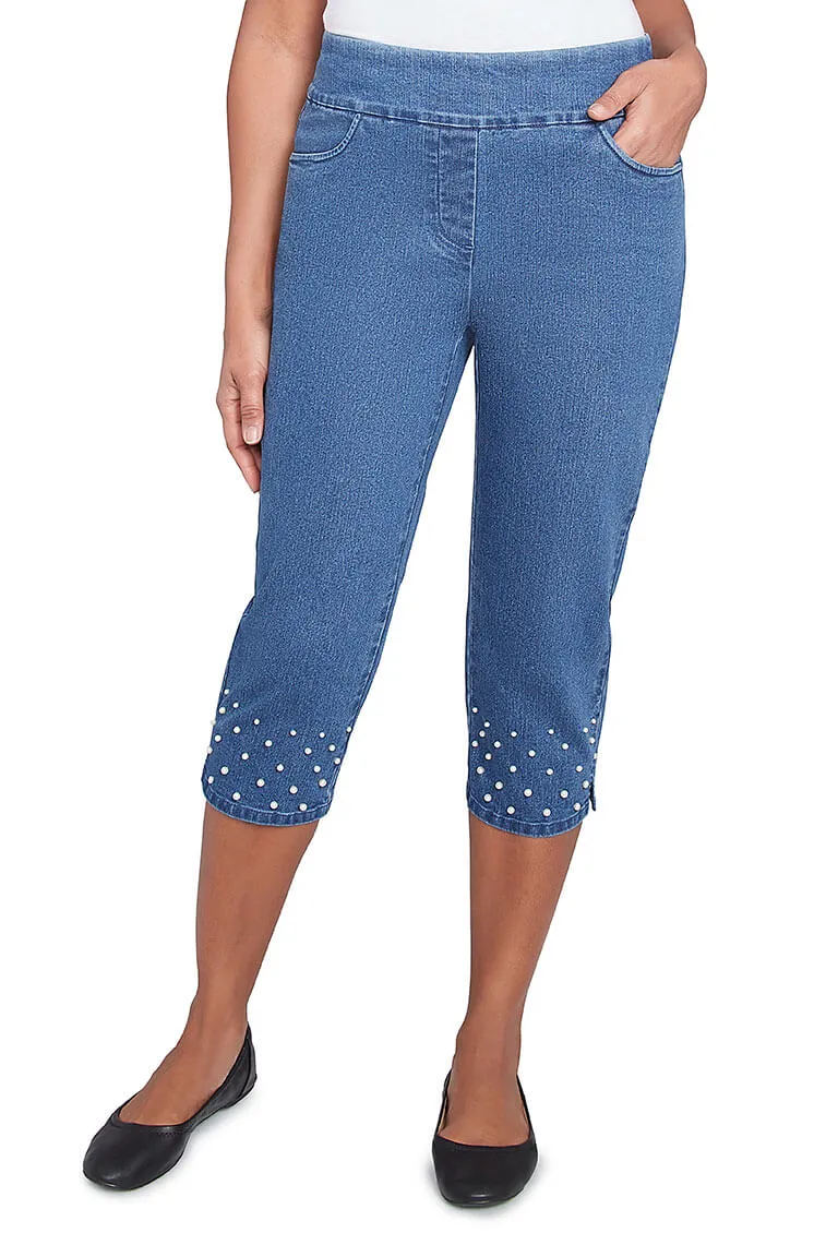 Flower Power Pearl Studded Denim Capri Pant Breathable Style Cool Comfort