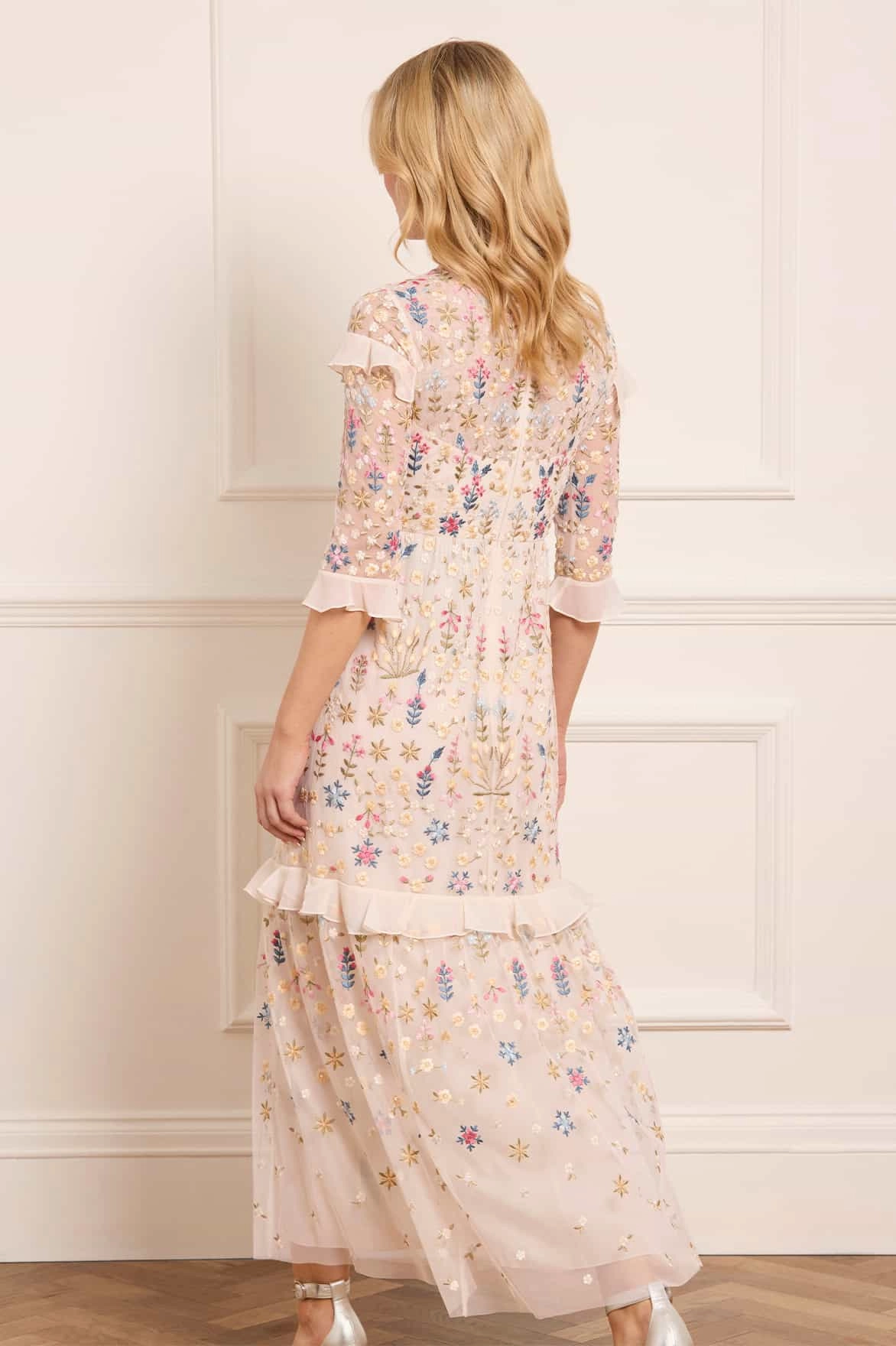 Frayed-Edge Flowerbed Embroidery Ankle Gown