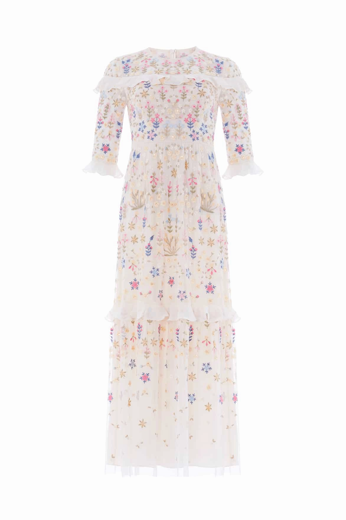 Flowerbed Embroidery Ankle Gown Chic and Cozy Wear Lounge Cut